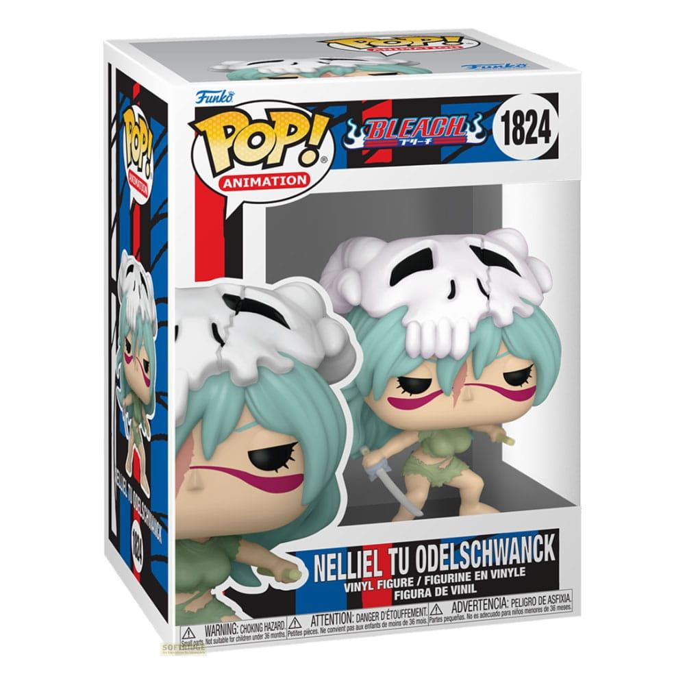 Action figure Funko Pop! di Nelliel Tu Odel. Indossa un copricapo a forma di teschio.