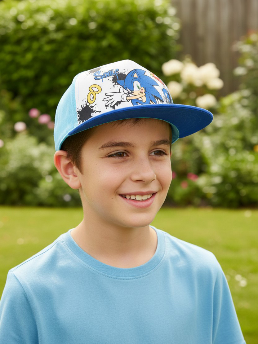 Ein Junge trägt eine Sonic the Hedgehog Baseballkappe und ein blaues T-Shirt im Freien.