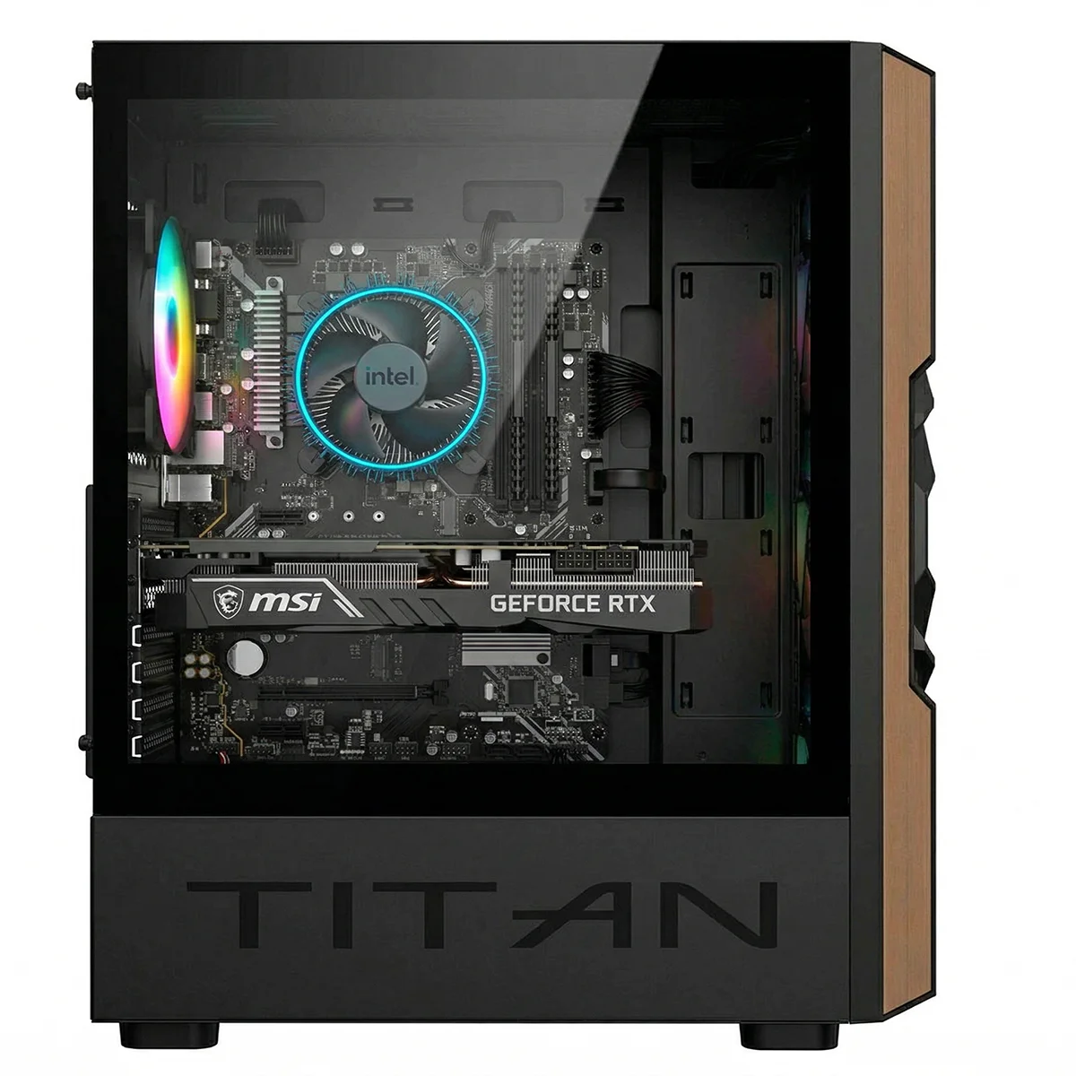 Un case PC aperto che mostra un dissipatore CPU e scheda grafica illuminati.
