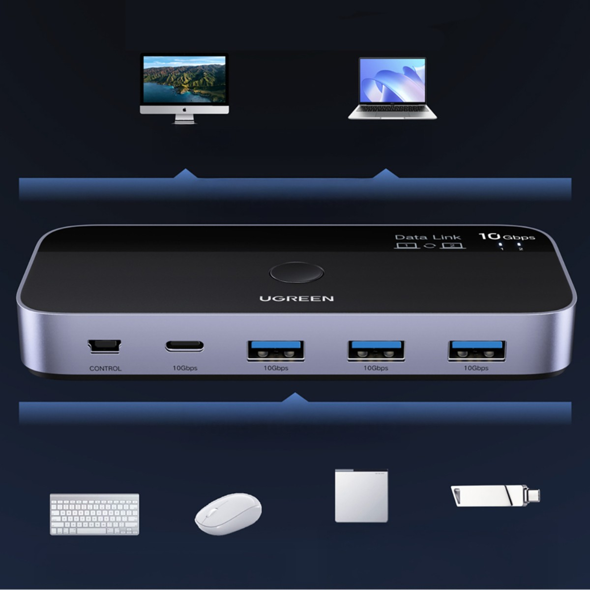 Hub UGREEN łączy PC, laptop, klawiaturę, mysz i dyski. Posiada 4 porty USB-A.