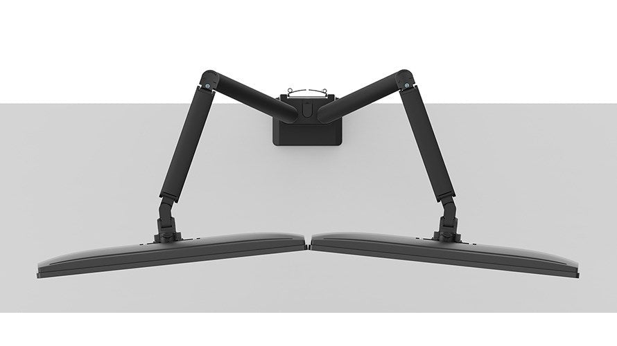 Two black monitor arms with wide bases are mounted on a white surface.