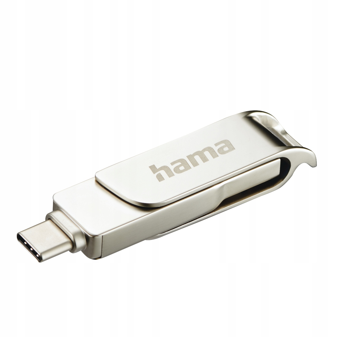 Chiavetta USB-C argento con logo Hama. Design moderno ed elegante.