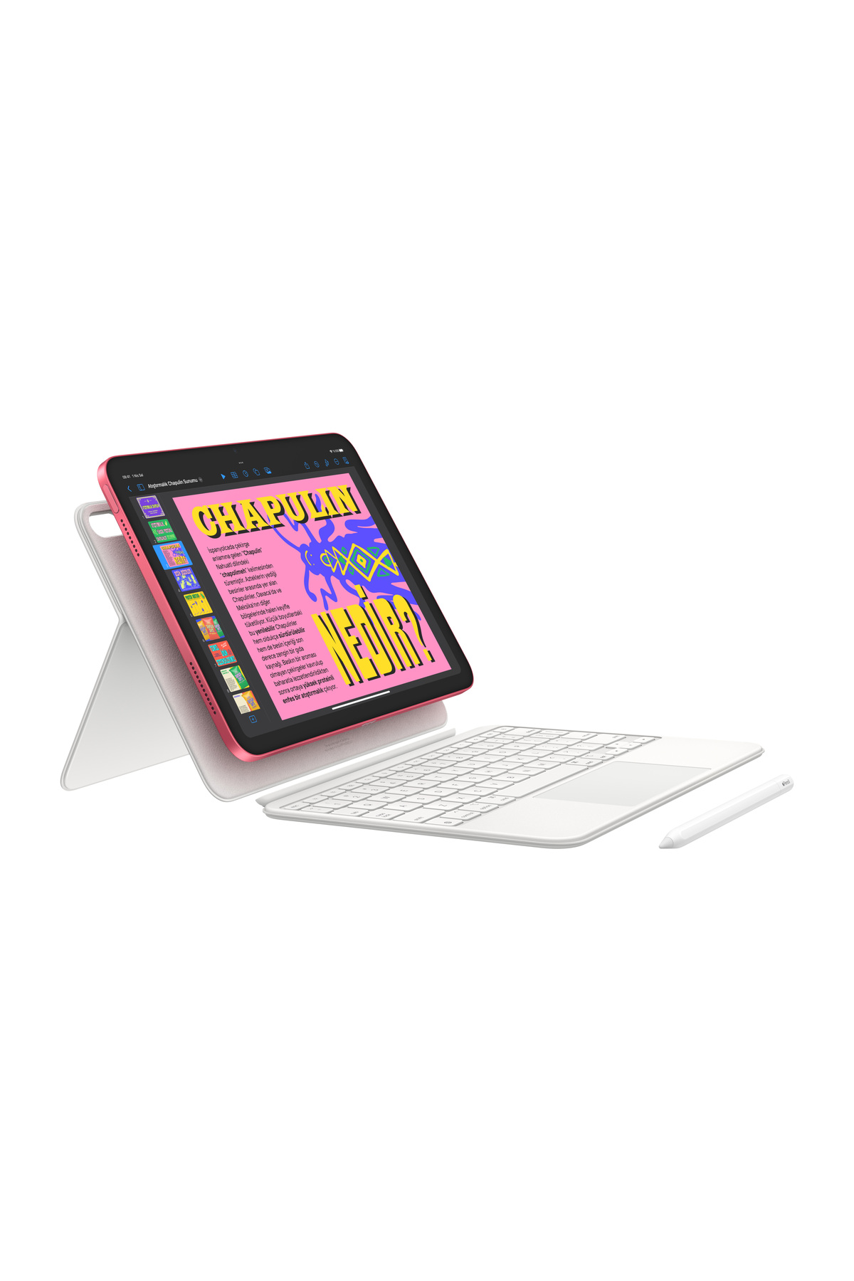 Beyaz stant üzerinde pembe tablet, klavye ve kalem, beyaz zeminde izole.