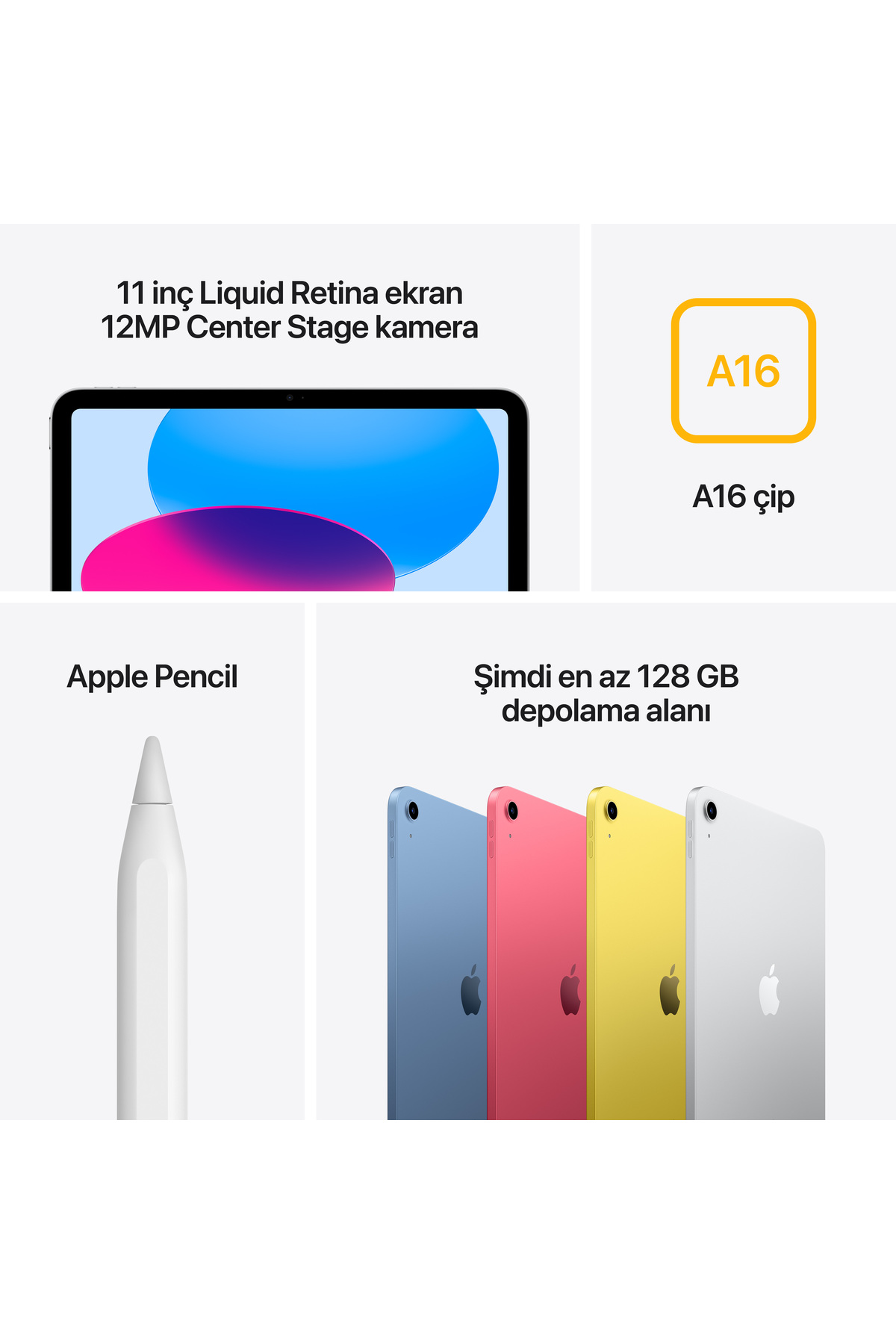 11 inç iPad, A16 çip, Apple Pencil ve dört renk seçeneği.