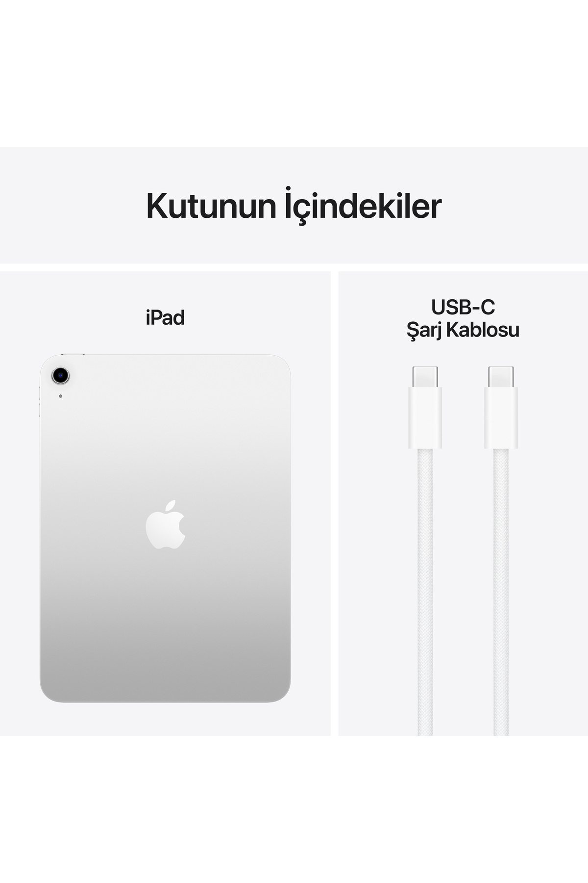 Gümüş iPad ve iki beyaz USB-C şarj kablosu.
