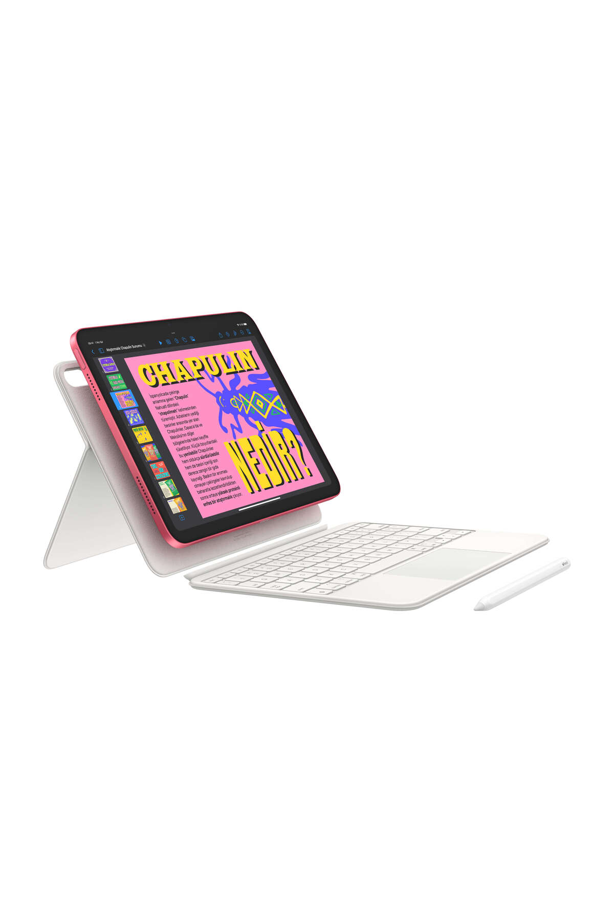 CHAPULIN yazısını gösteren, klavyeli ve kalemli pembe bir tablet.