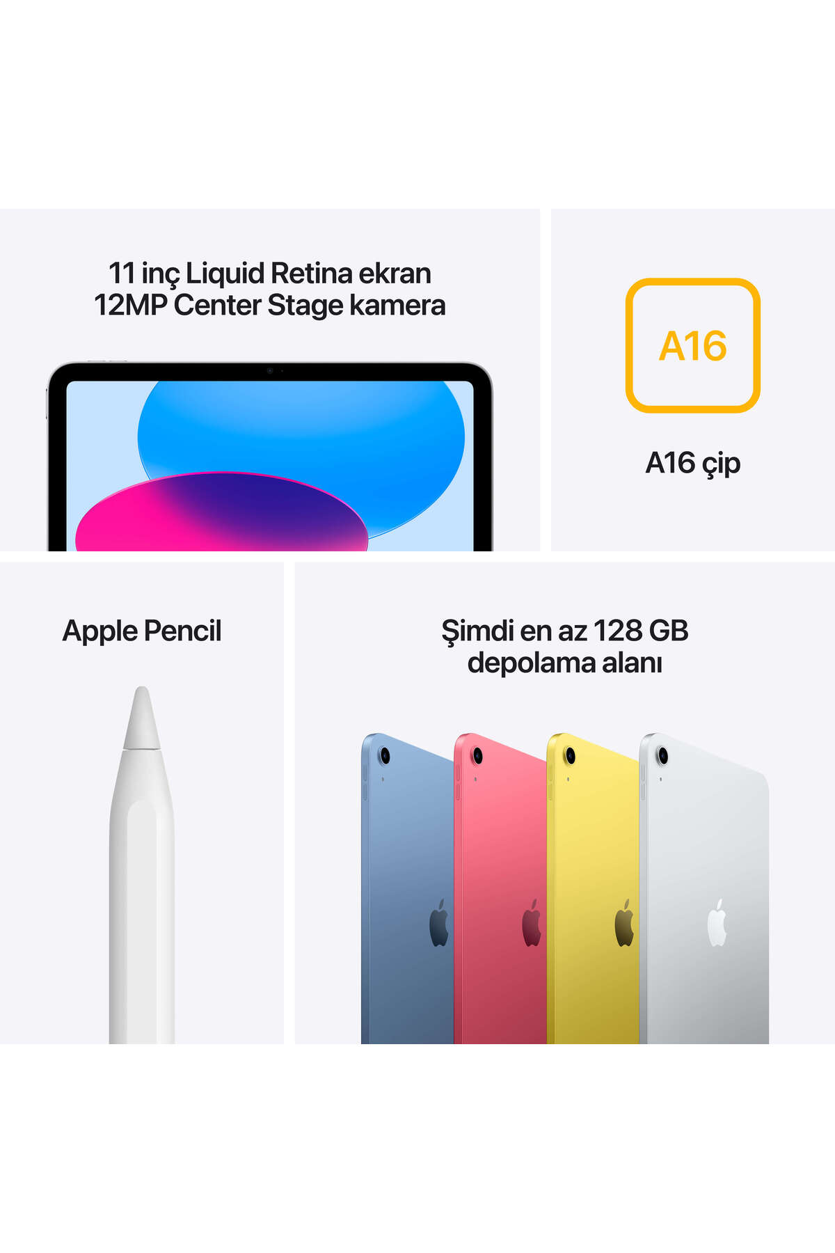 11 inç Liquid Retina ekranlı iPad, 12MP kamera, A16 çip, kalem ve 128 GB.