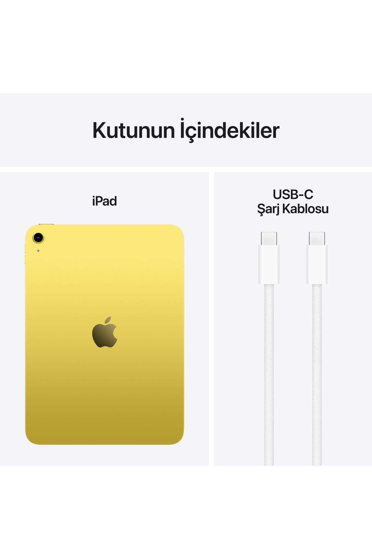 Sarı bir iPad ve iki beyaz USB-C şarj kablosu beyaz arka planda.