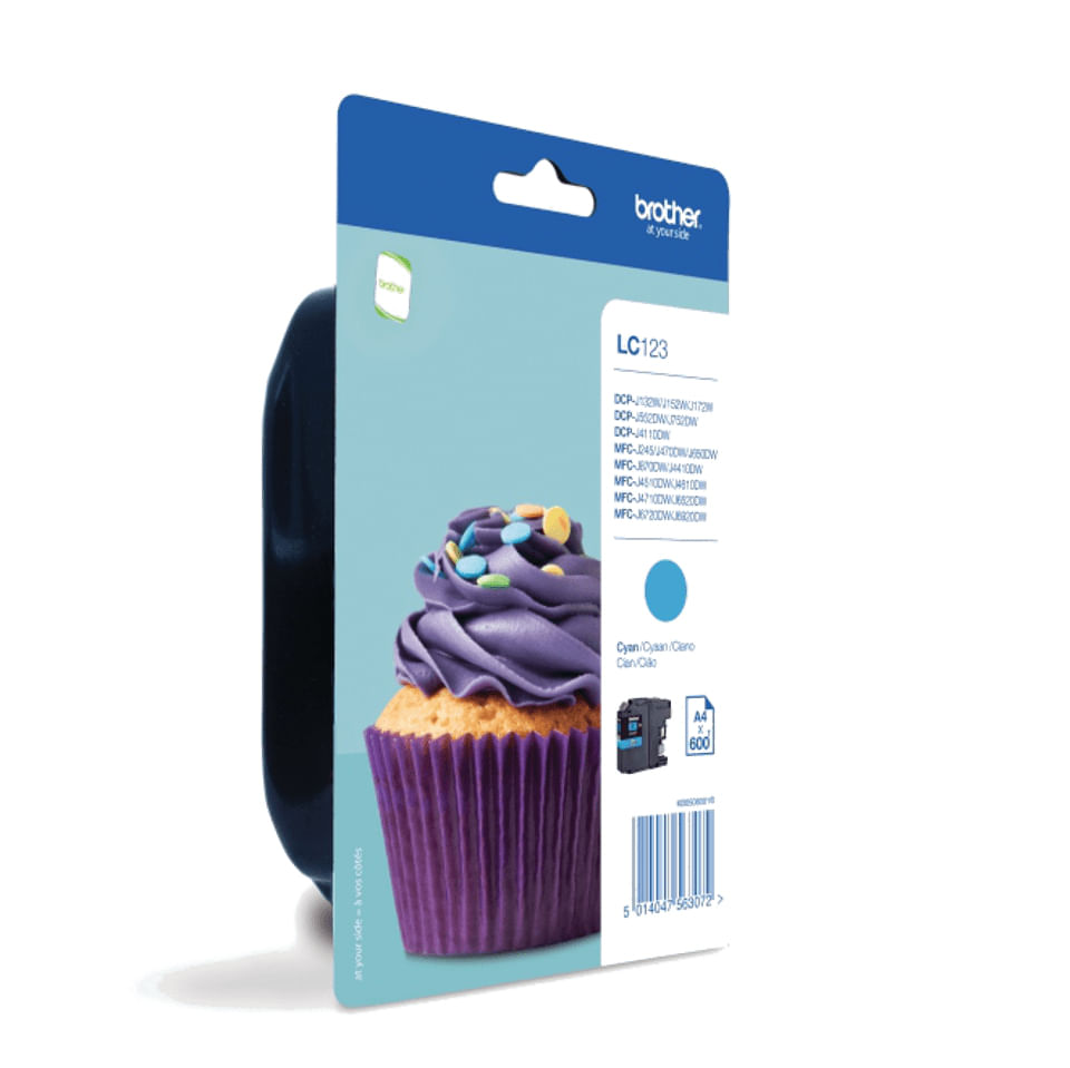 Cartuccia d'inchiostro Brother LC123 ciano con grafica cupcake viola e info stampante.