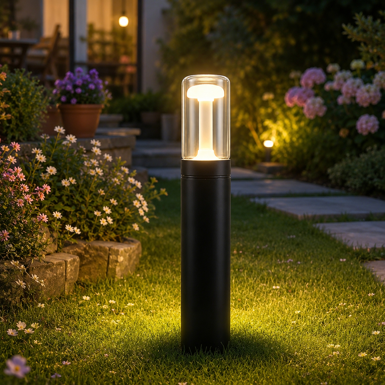 Una lámpara exterior negra ilumina un césped con flores y piedras.