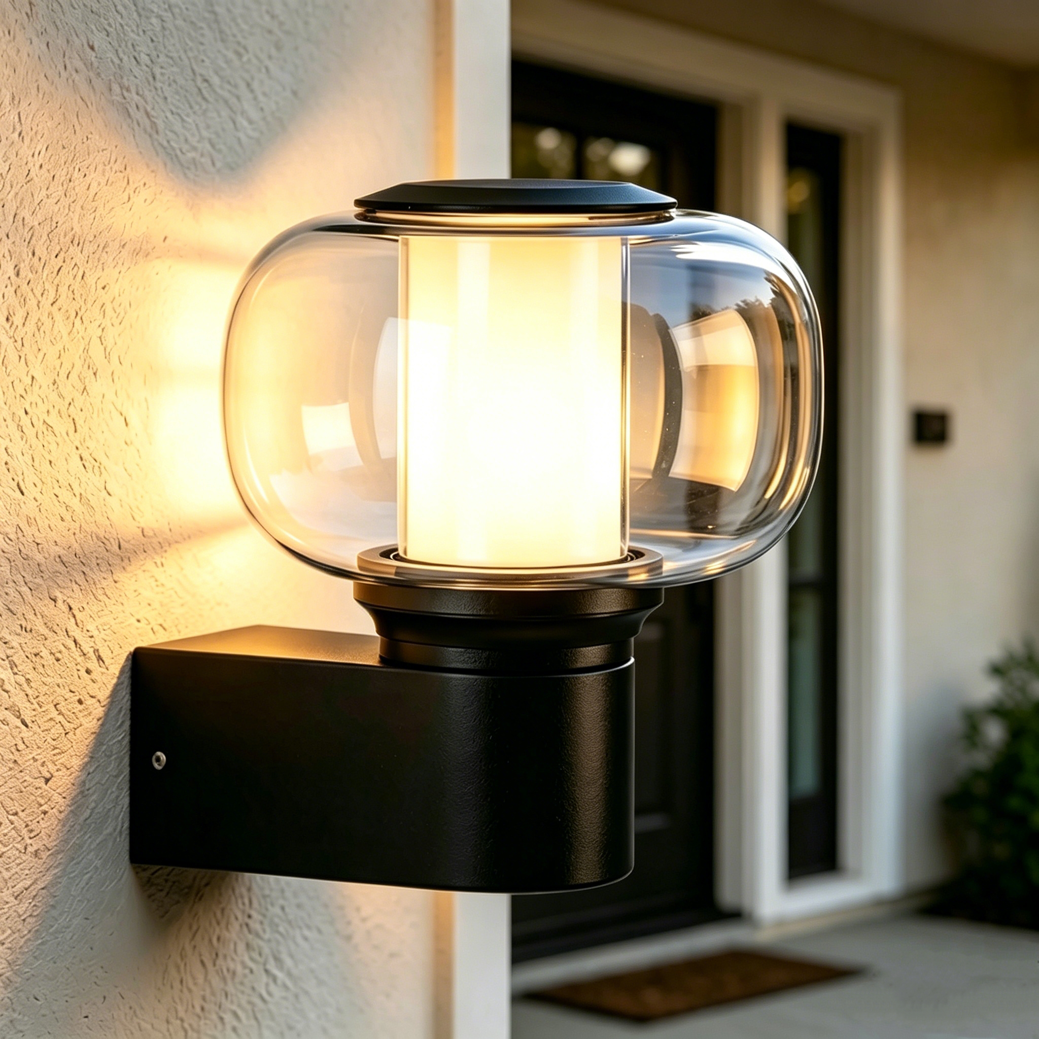 Una moderna lámpara de pared exterior negra con pantalla de cristal transparente y luz cálida.