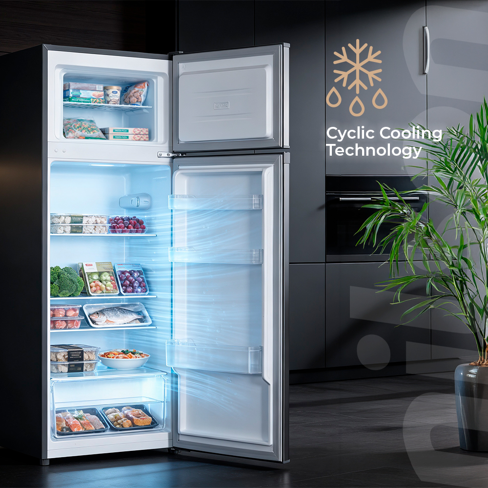 Refrigerador abierto con comida, mostrando tecnología de enfriamiento cíclico. Fondo de cocina.