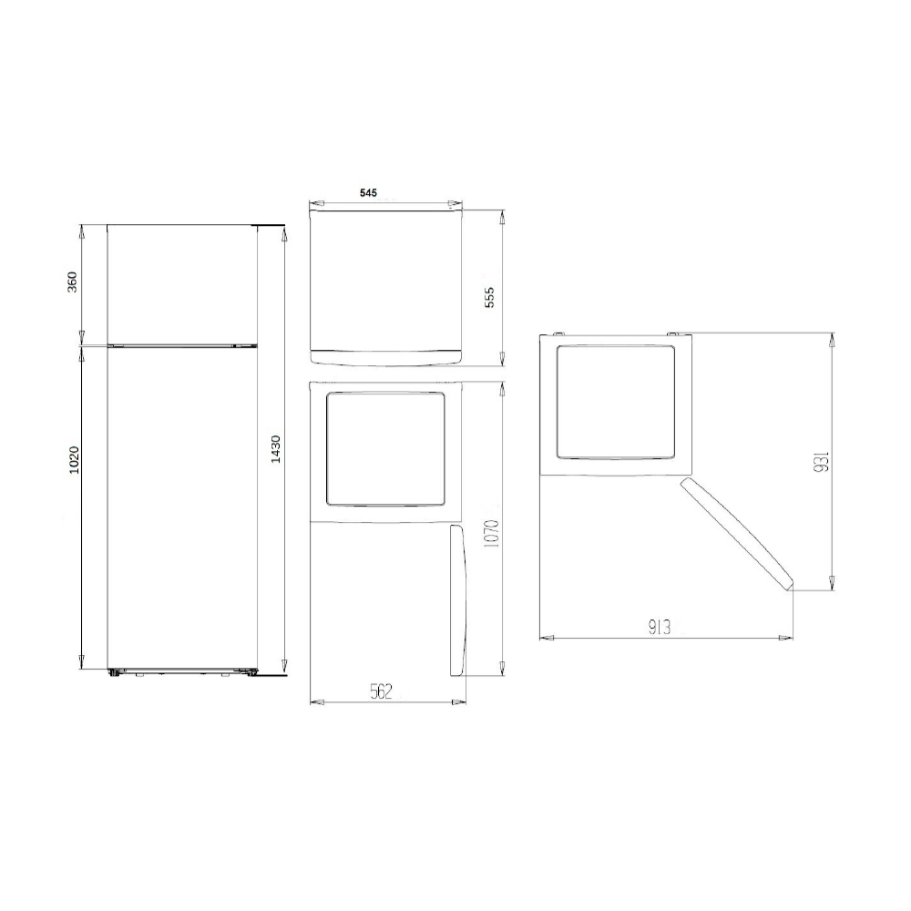 Dibujo técnico de un refrigerador con dimensiones.