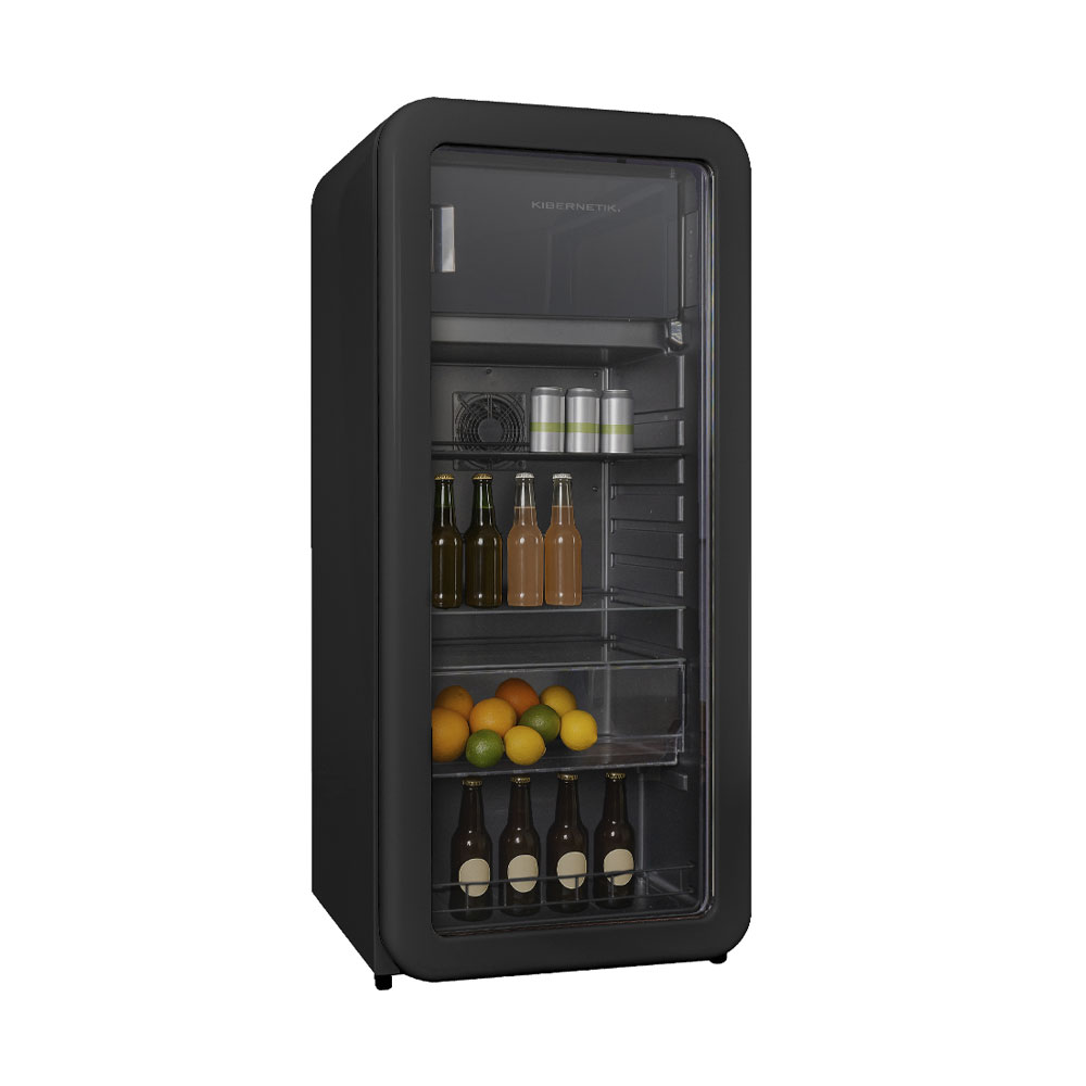 Frigorifero nero con porta a vetro, rifornito di bottiglie, lattine e frutta.