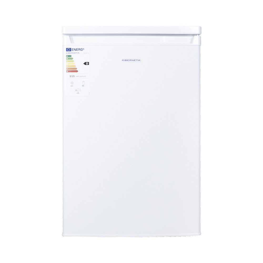 Frigorifero bianco con etichetta energetica e logo Kibernetik.