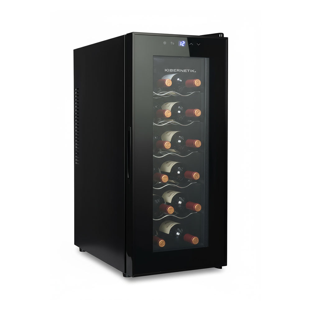 Un refrigeratore per vino nero con porta in vetro, contenente 12 bottiglie di vino.