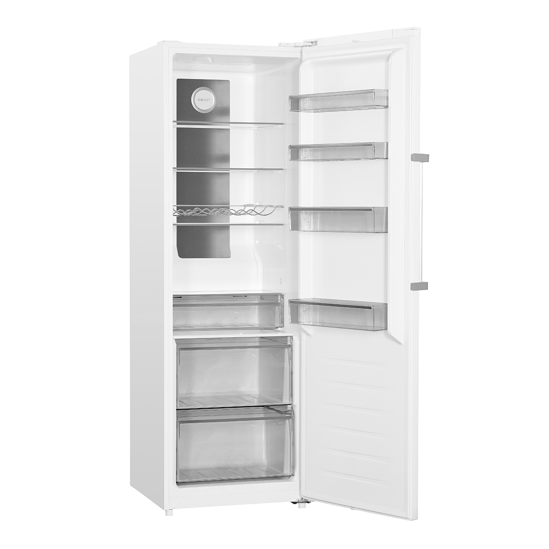 Un refrigerador blanco abierto con estantes de vidrio y cajones.