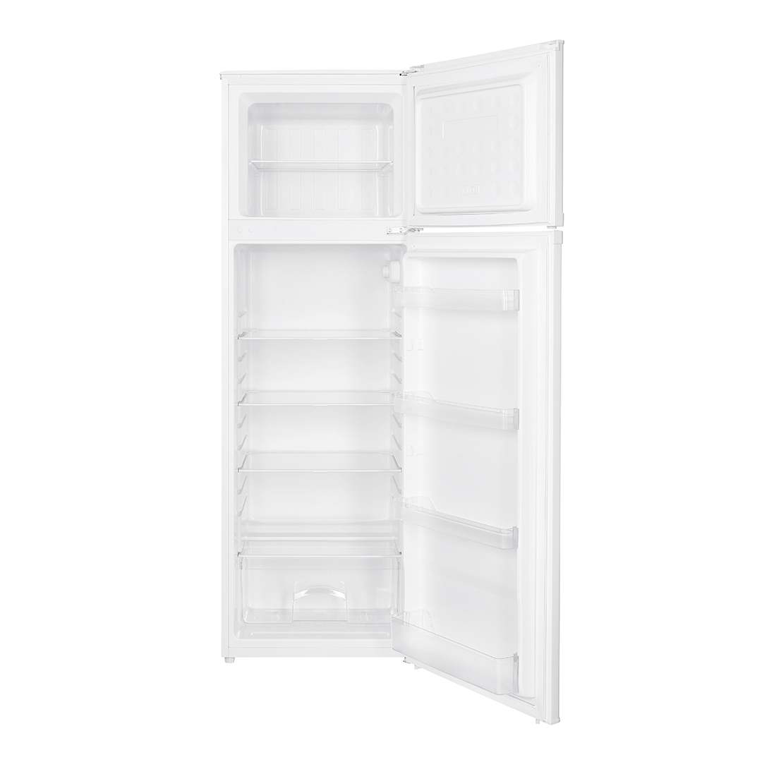 Un refrigerador blanco con puertas de congelador y principal abiertas sobre fondo blanco.