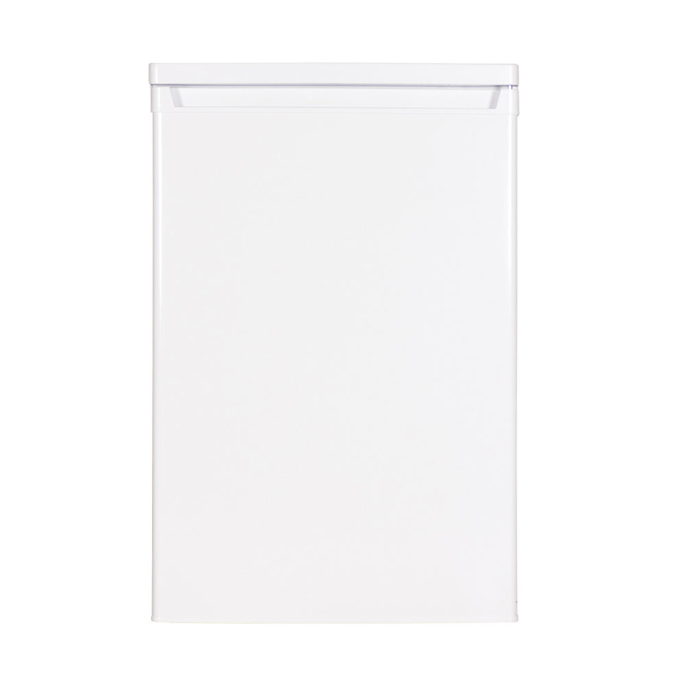 Un frigorifero bianco dal design pulito, vista frontale.
