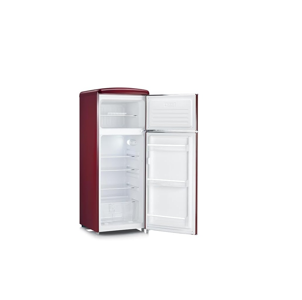 Un frigorifero rosso con porte aperte, interno bianco.