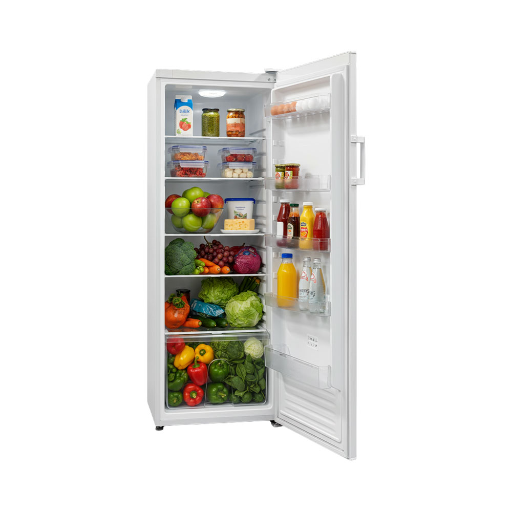 Un frigorifero bianco aperto pieno di cibo, verdure e bevande.