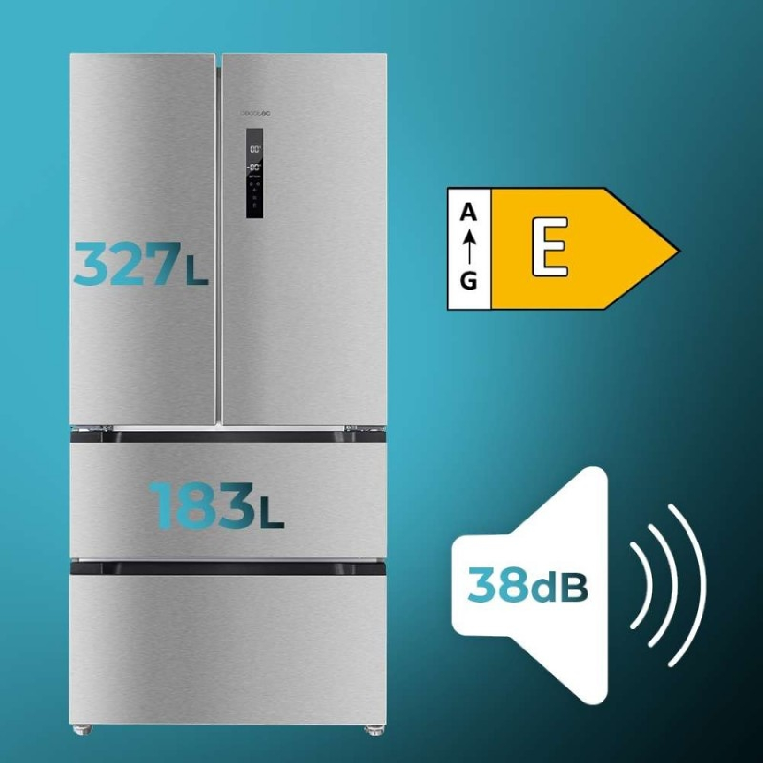 Refrigerador plateado con capacidad de 327L y 183L, calificación energética E, y 38dB.