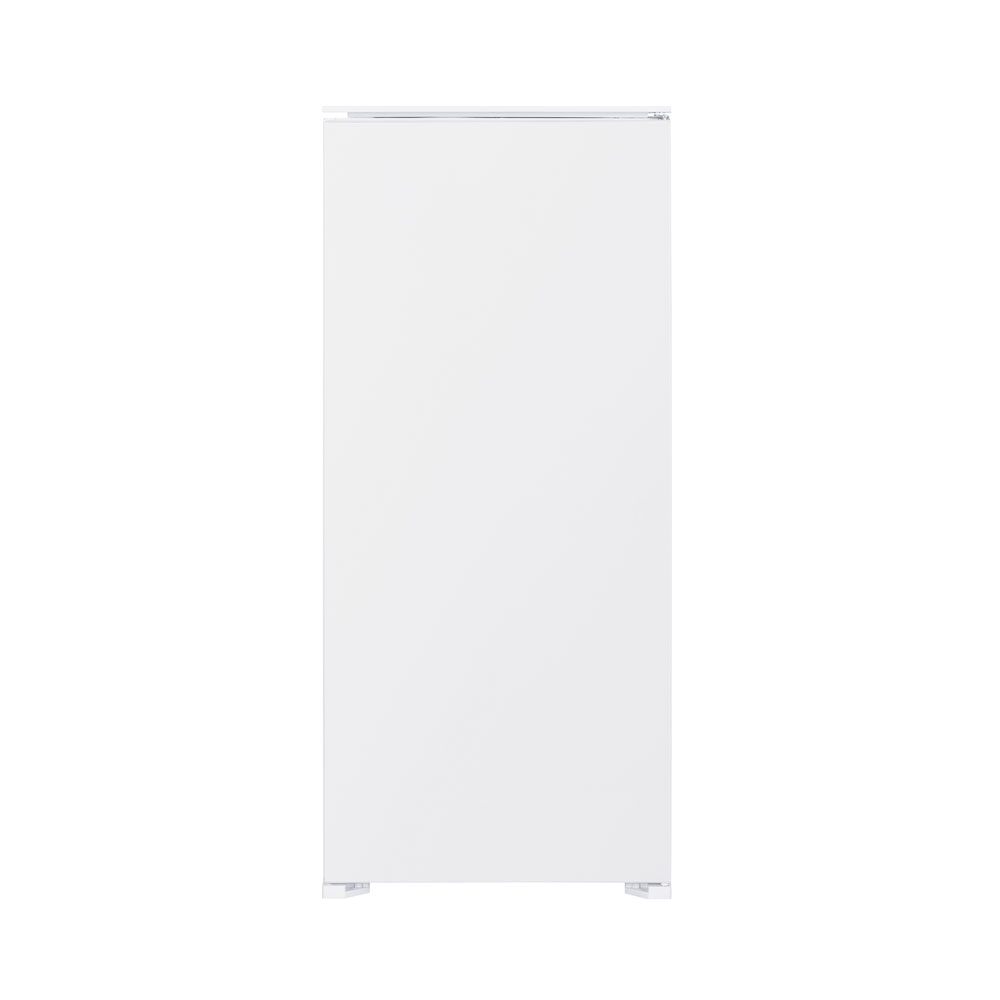Un réfrigérateur blanc avec une poignée argentée, debout.