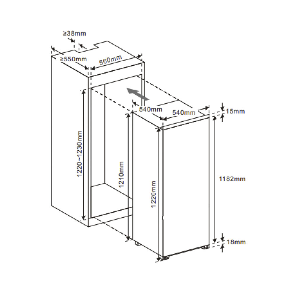 Dessin technique avec dimensions pour appareils encastrables, 1220-1230mm haut.