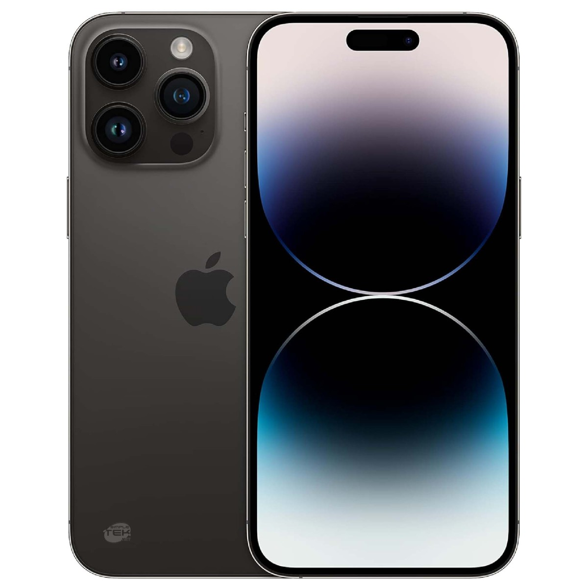 Un iPhone scuro con tre fotocamere posteriori e uno schermo luminoso.