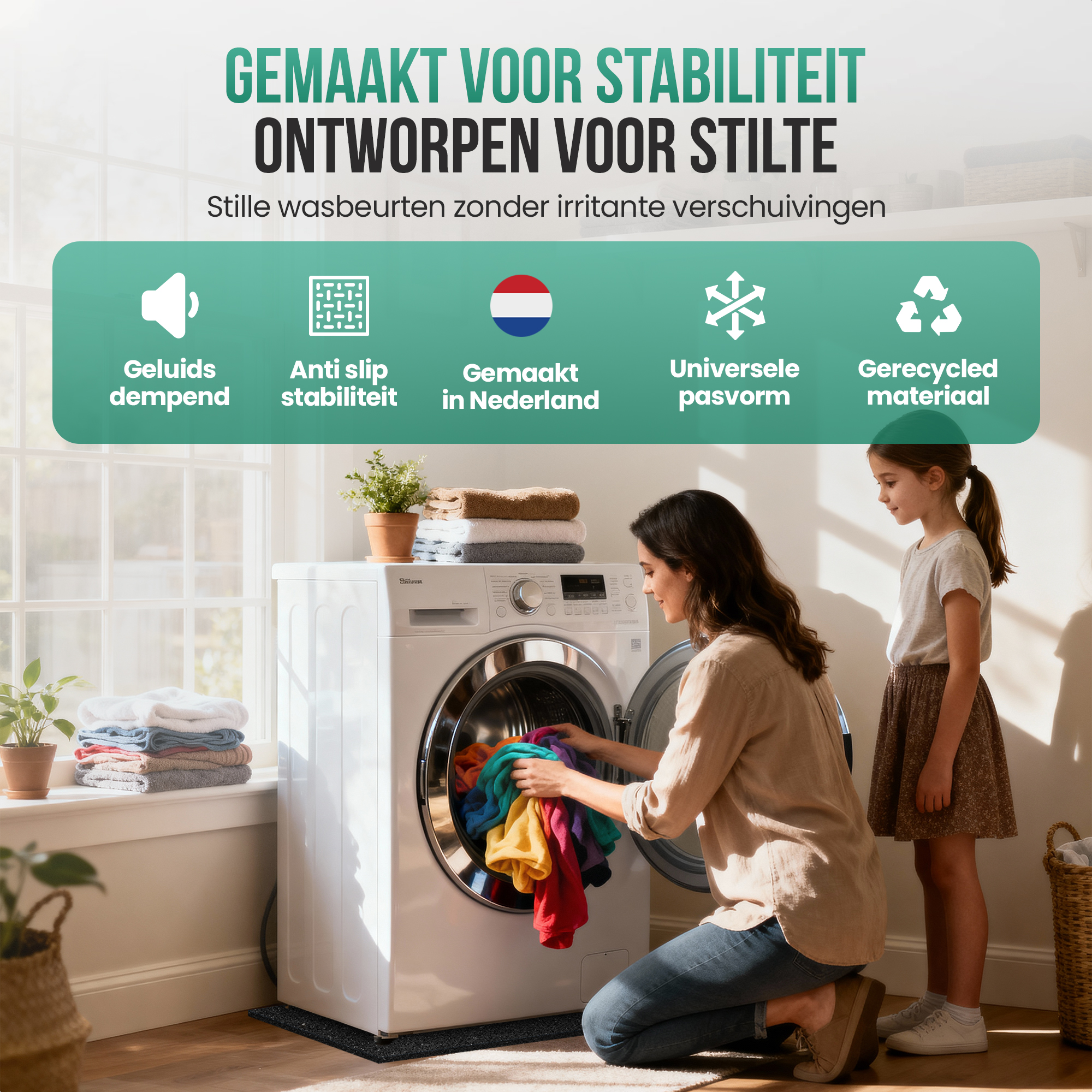 Woman and child load laundry into a washing machine. "Made for stability".