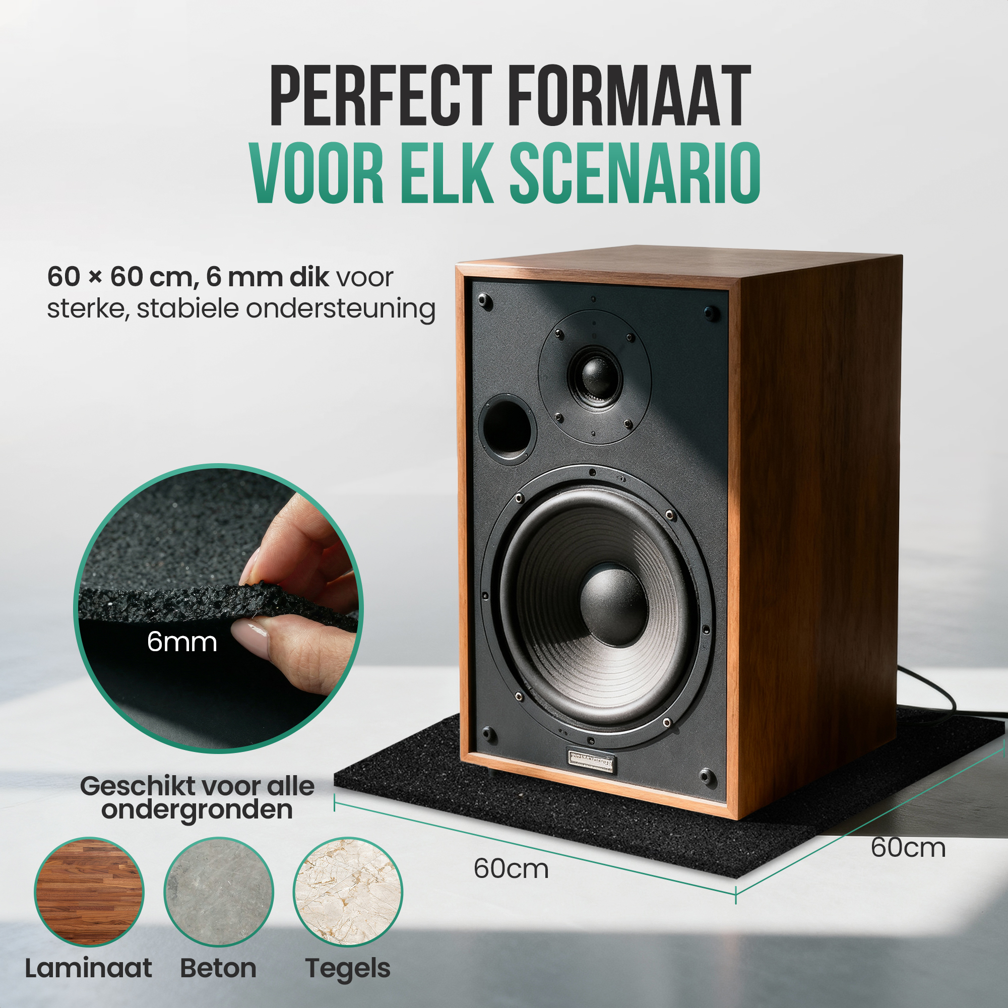 A speaker sits on a 60x60cm black mat. Close-up shows 6mm thickness. Suitable for all floors.