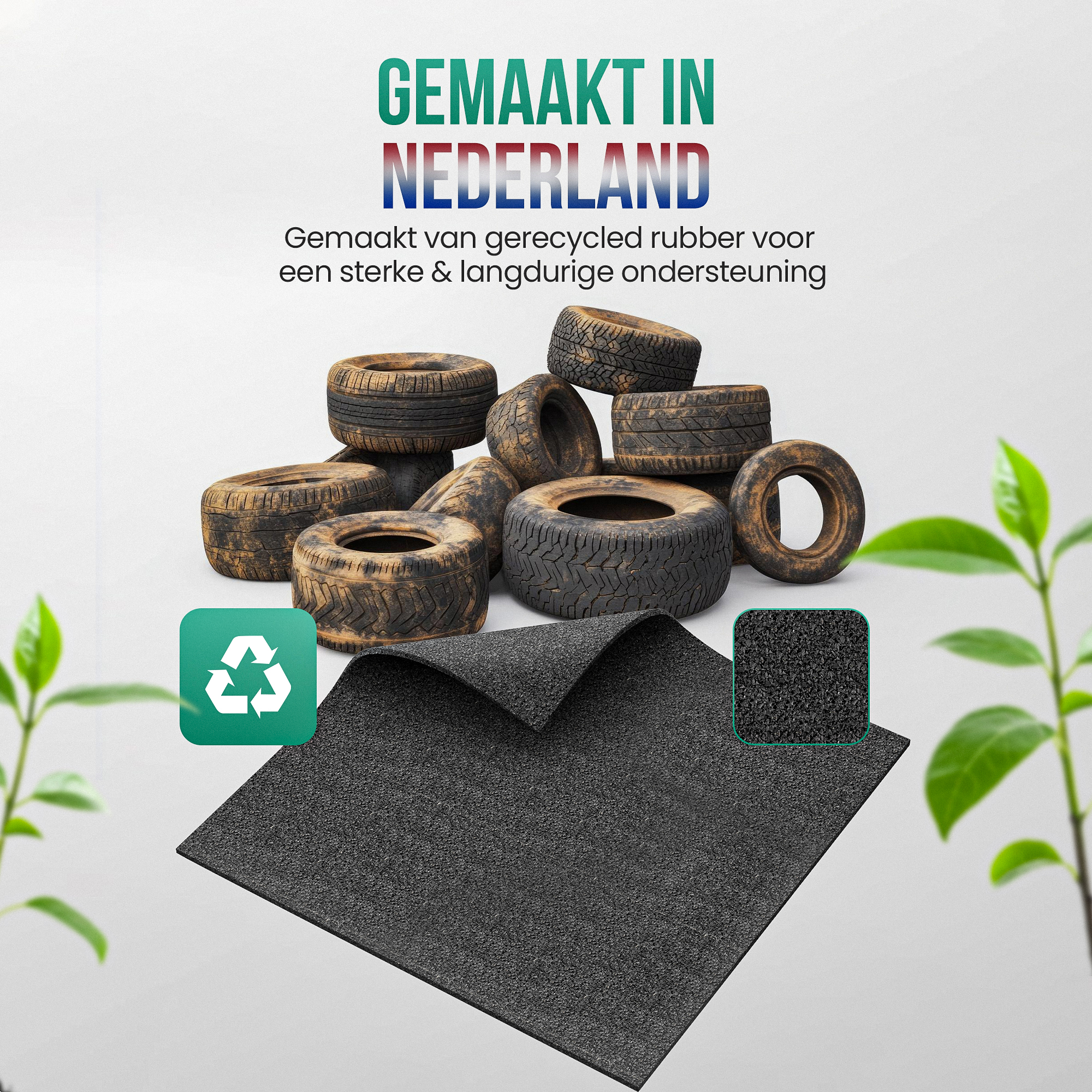 Recycled tires and a black rubber mat with a recycling symbol.