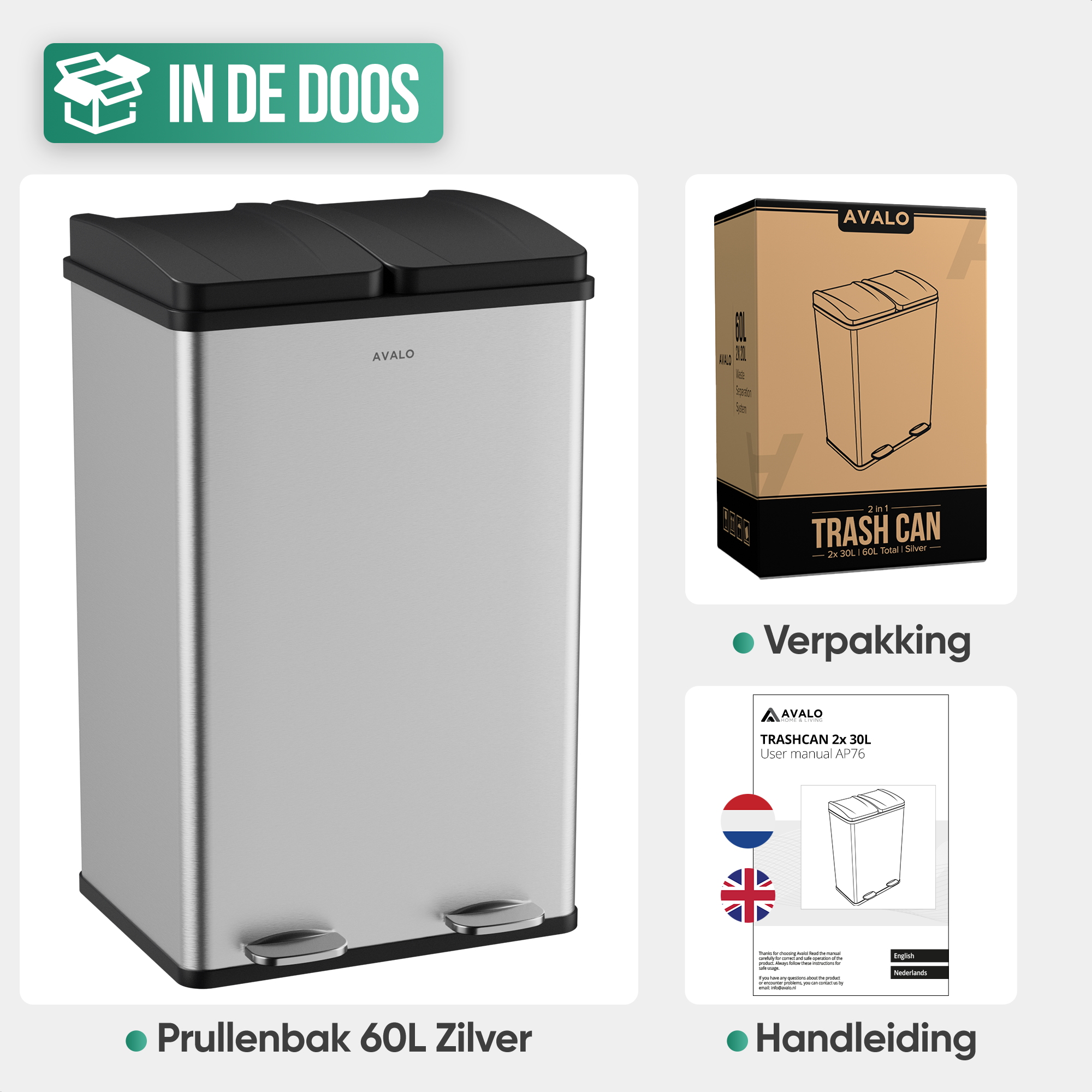 Een zilverkleurige afvalbak met twee vakken en zwart deksel, naast de verpakking en handleiding.