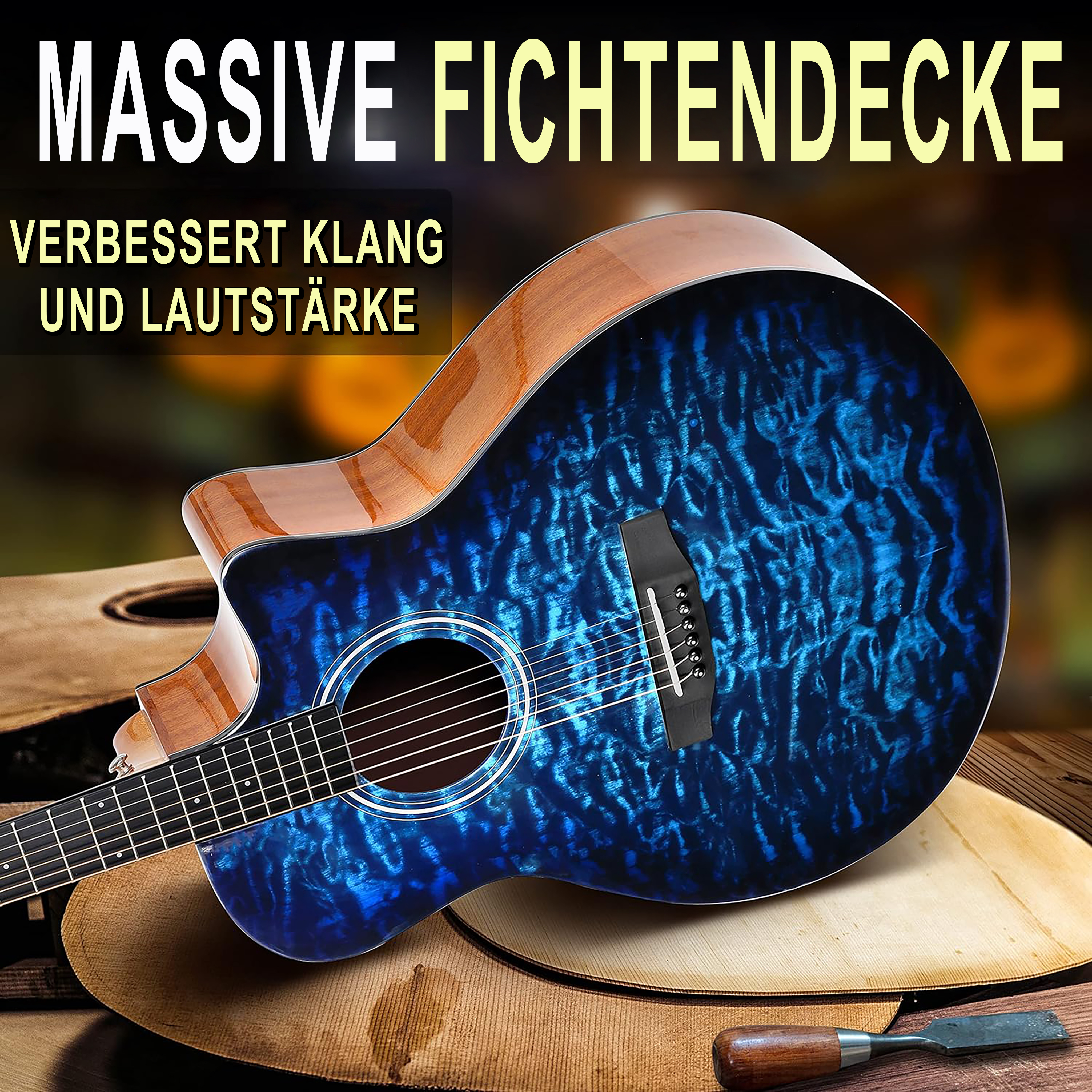 Eine blaue Akustikgitarre mit Holzmaserung liegt auf Holz und Werkzeugen.
