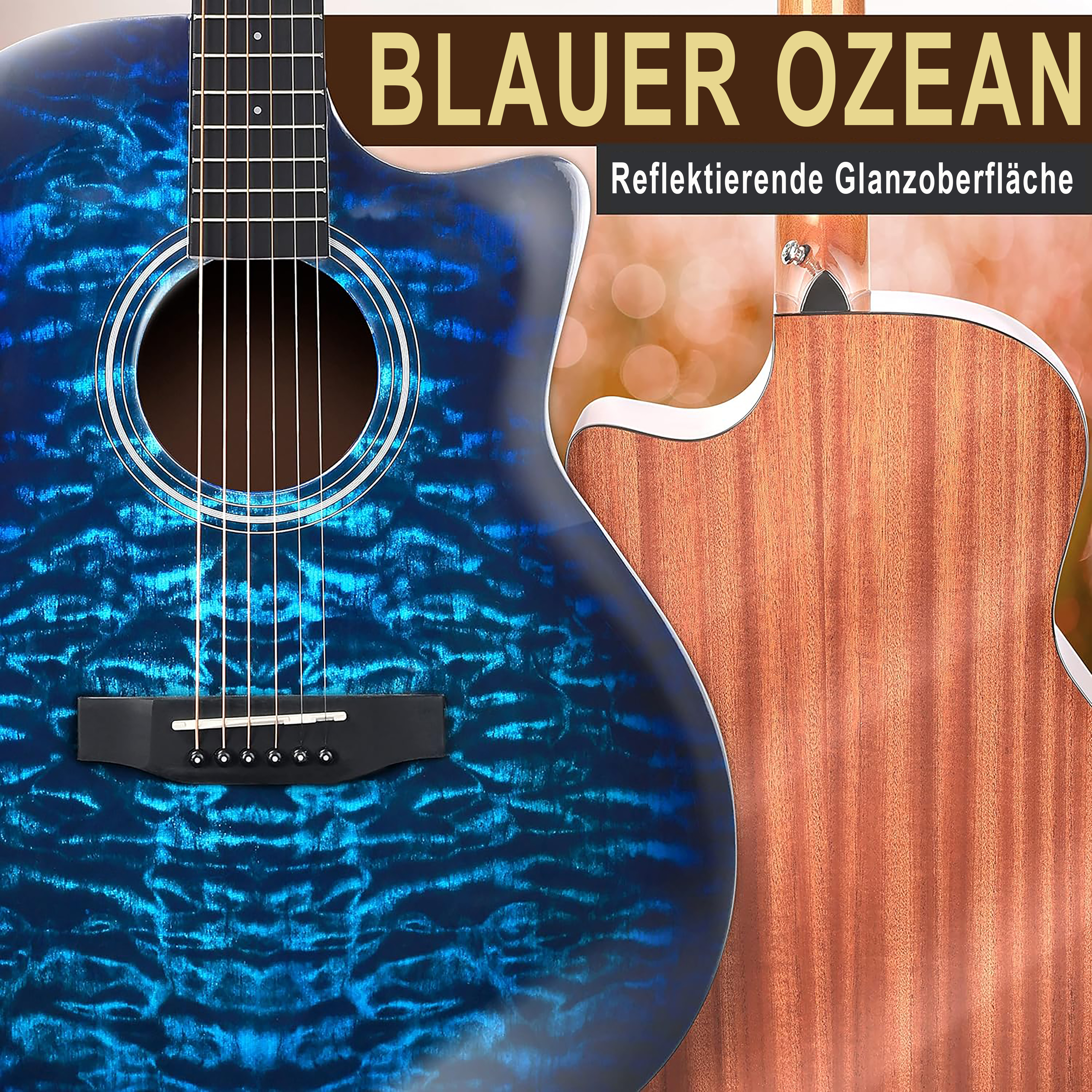 Blaue Gitarre mit Holzmaserung und reflektierender Oberfläche.