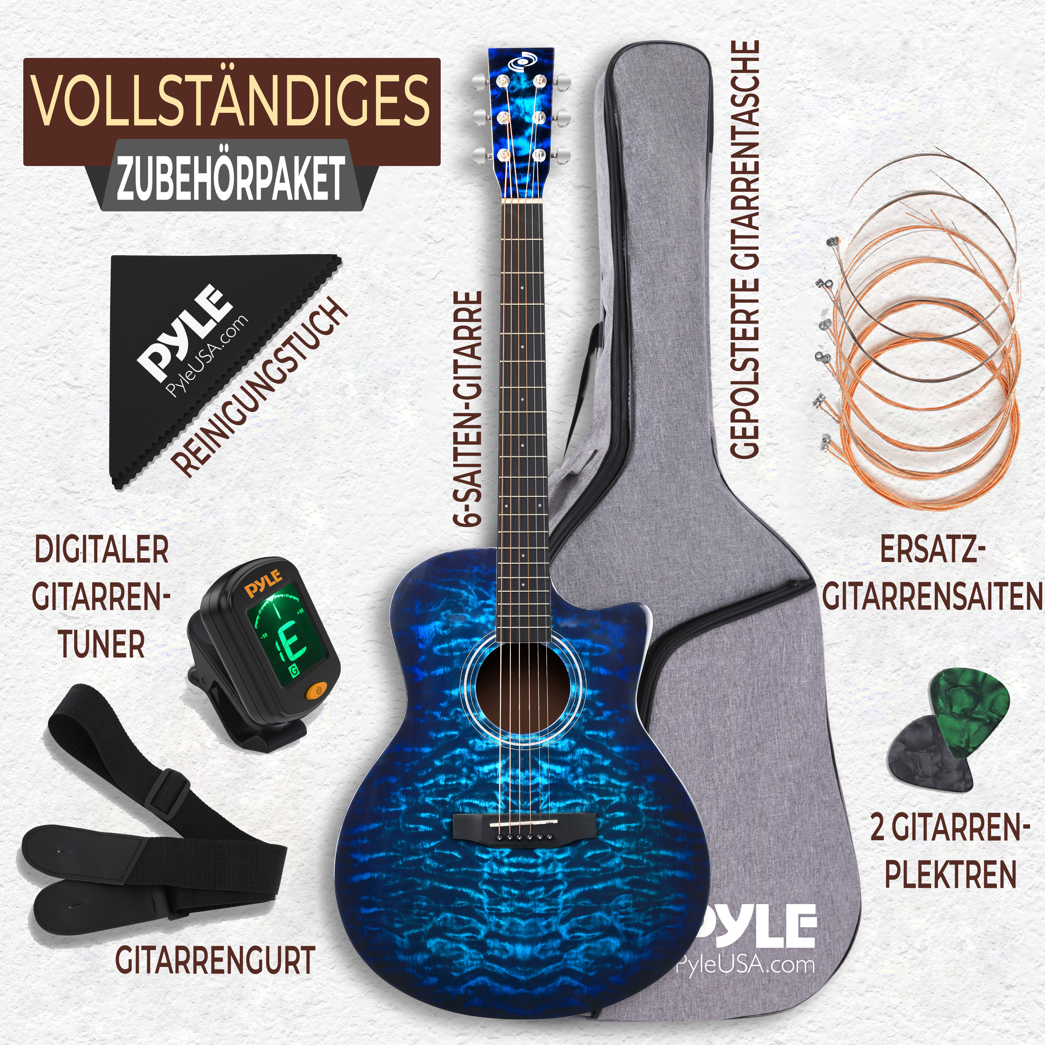 Blau gemustertes Gitarrenpaket mit Gitarre, Tasche, Gurt, Saiten, Plektren und Tuner.