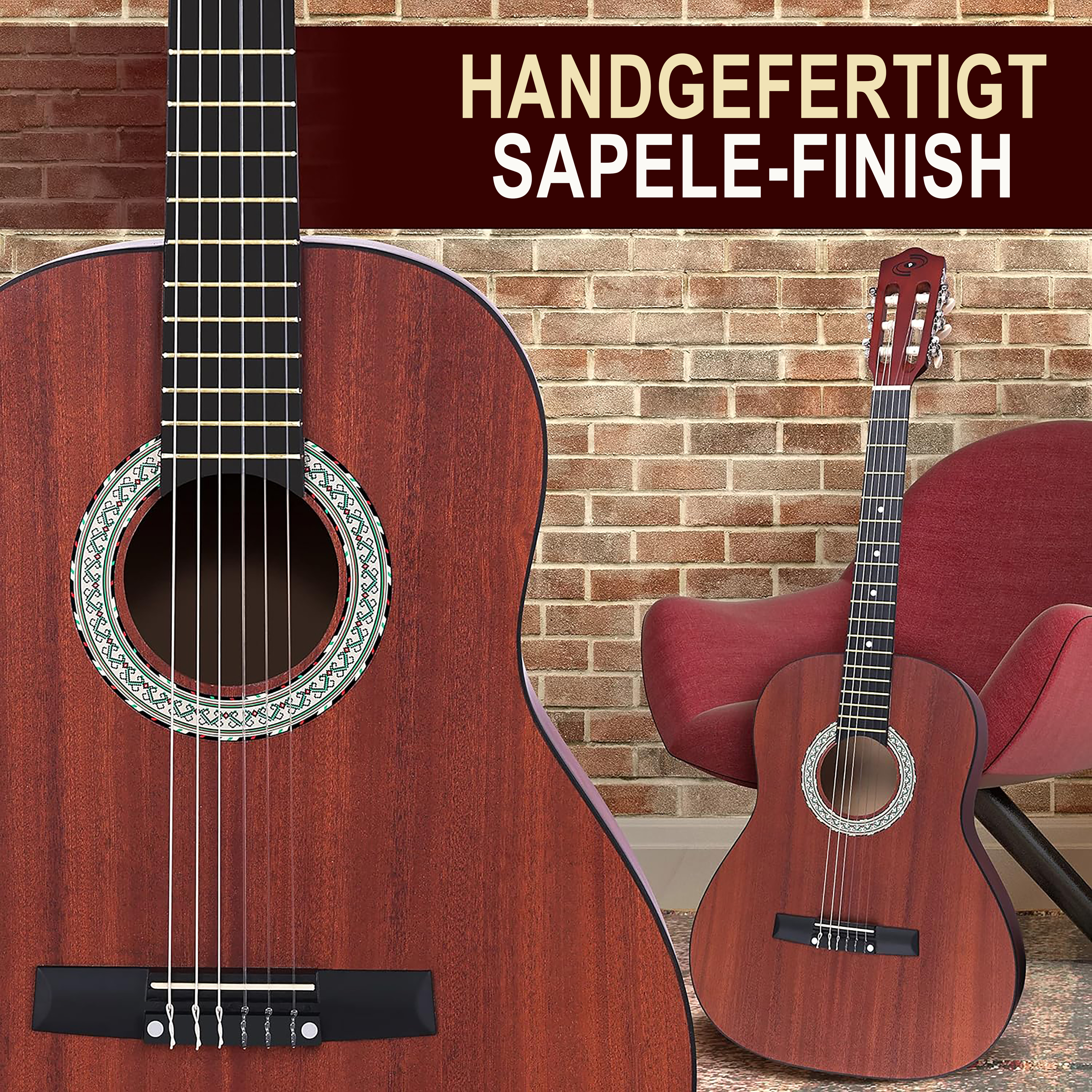 Zwei braune Gitarren vor einer Ziegelwand. Eine große Gitarre links, eine kleine rechts.
