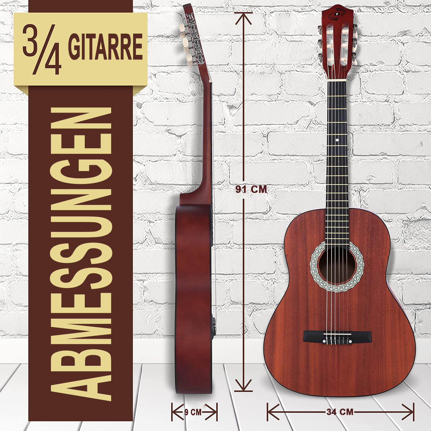 Eine braune 3/4 Gitarre mit Maßangaben: 91 cm hoch, 34 cm breit, 9 cm tief.