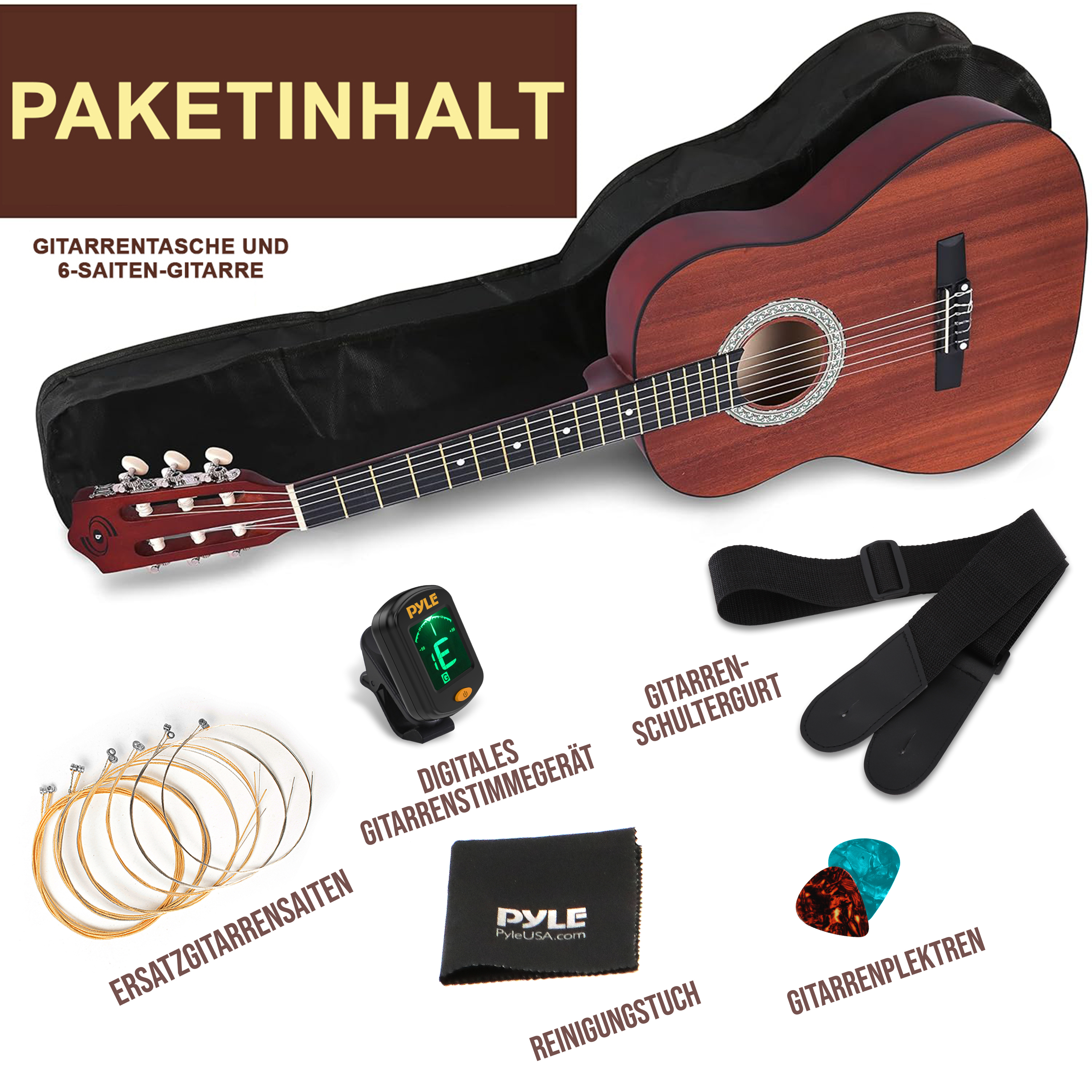 Gitarre, Tasche, Saiten, Plektren, Gurt, Stimmgerät und Tuch.