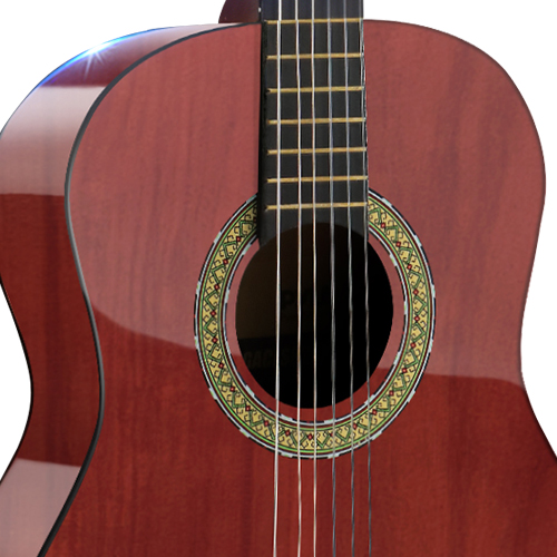 Eine Nahaufnahme einer rotbraunen Akustikgitarre mit sechs Saiten und einem verzierten Schallloch.
