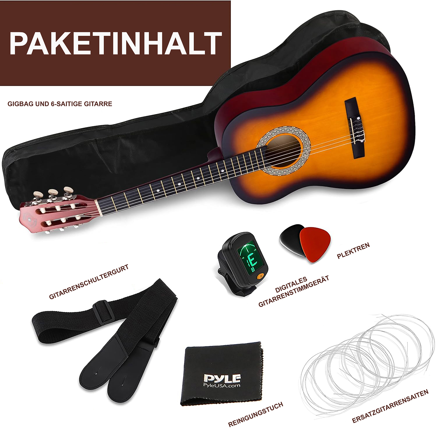 Ein Gitarren-Set mit Gitarre, Tasche, Gurt, Plektren, Stimmgerät, Reinigungstuch und Saiten.