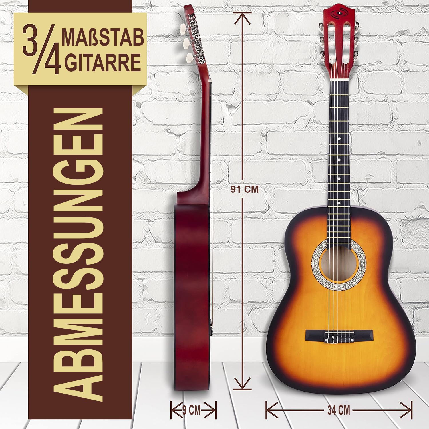 Eine 3/4 Gitarre mit braunem Korpus, gelber Decke und roten Kopf. Maße: 91x34x9cm.