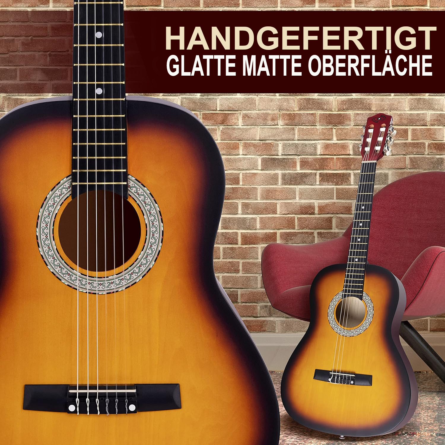 Zwei Gitarren vor einer Ziegelwand, eine nah, eine fern.