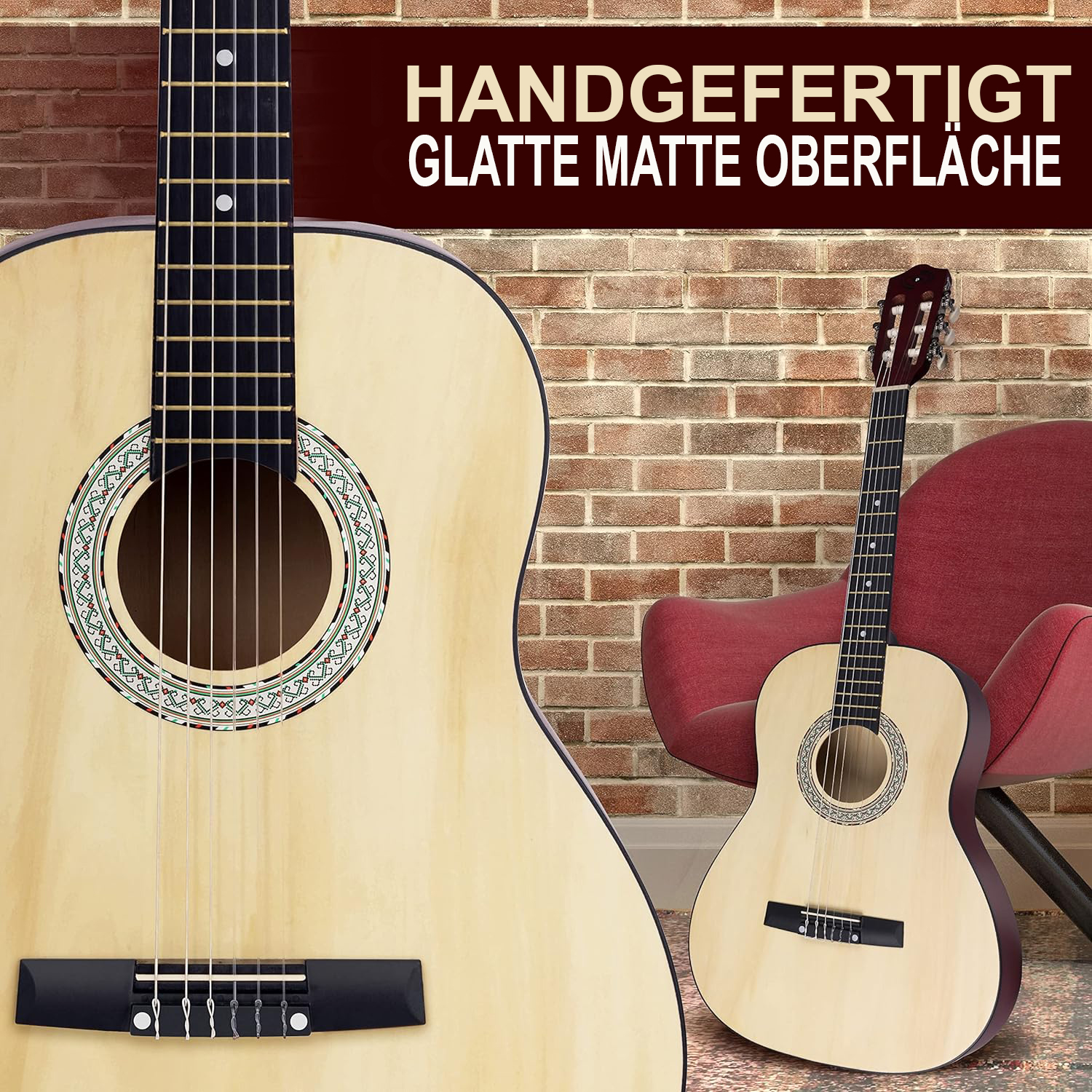 Zwei Gitarren vor einer Ziegelwand und einem roten Sessel, eine nah, eine fern.
