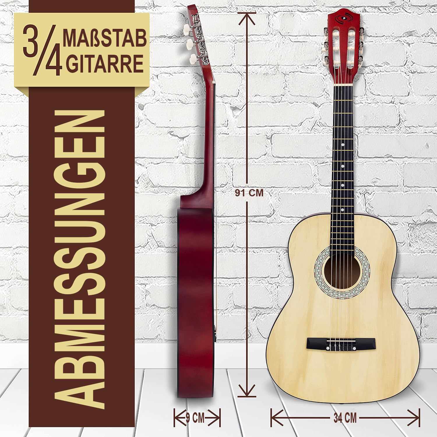 Eine 3/4 Gitarre mit Maßen von 91 cm Länge, 34 cm Breite und 9 cm Dicke.