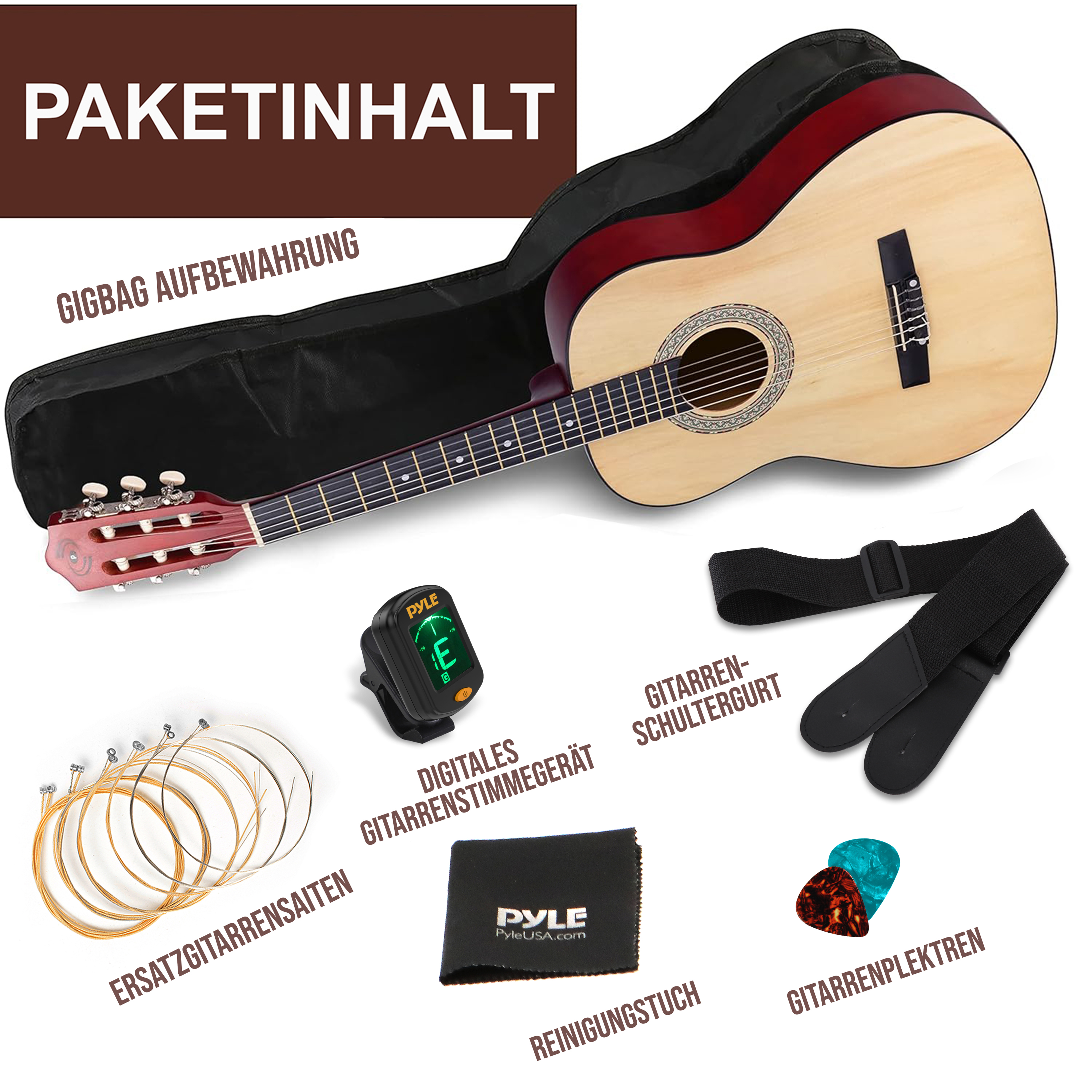 Gitarren-Set mit Gitarre, Tasche, Stimmgerät, Gurt, Plektren, Saiten, Tuch.