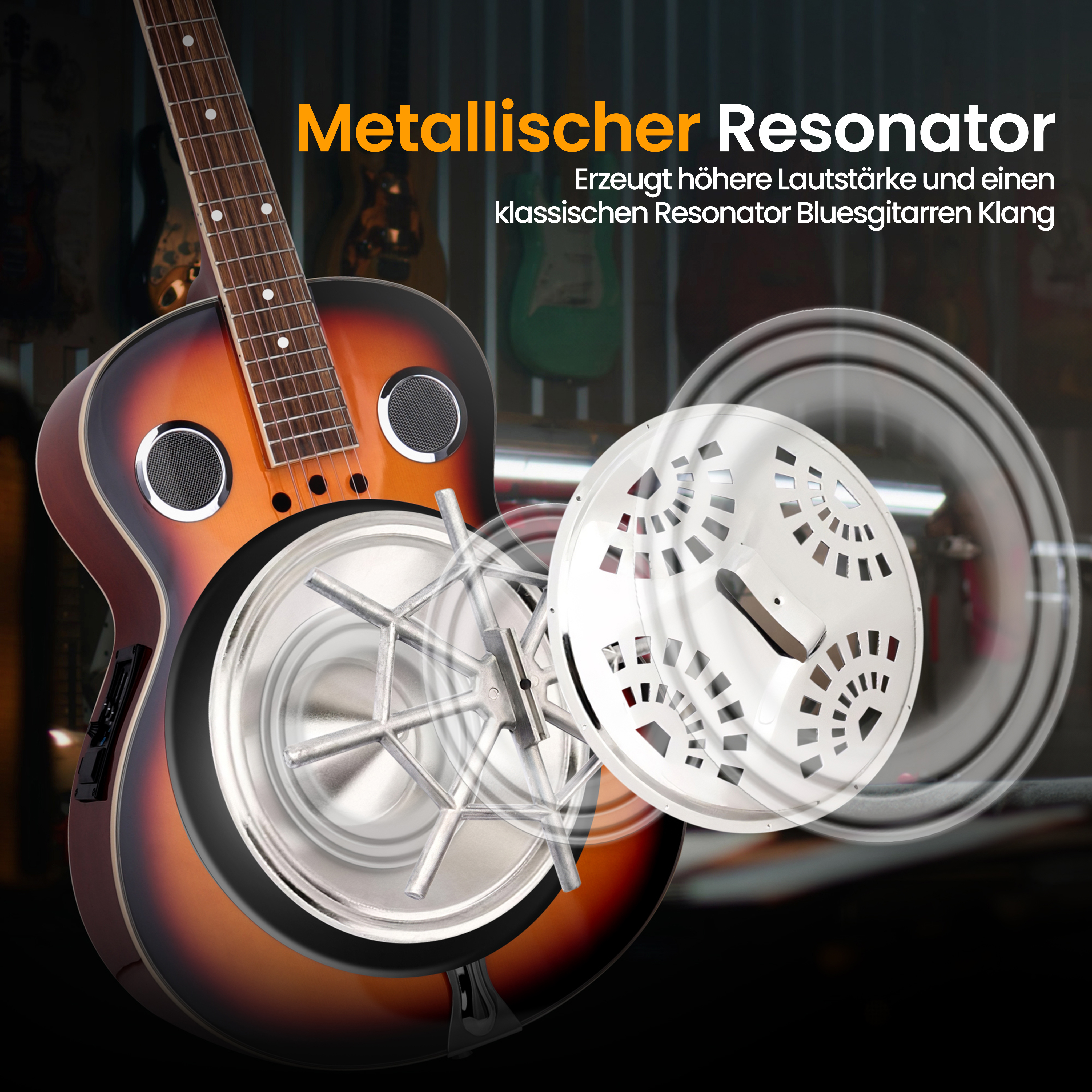 Ein Resonator-Gitarrenhals mit sunburst-Körper und Metallresonator.