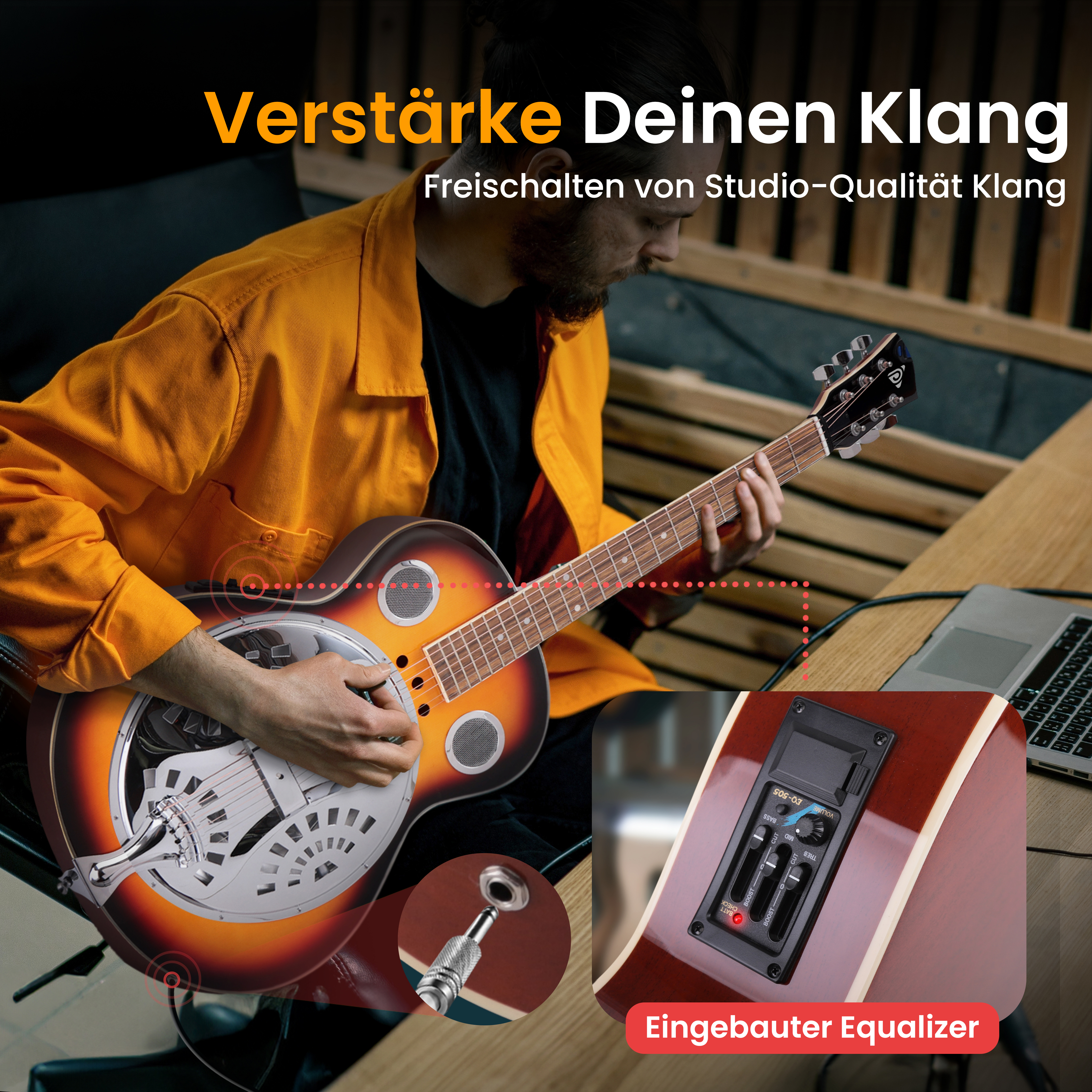 Mann spielt eine Akustikgitarre mit eingebautem Equalizer. Großaufnahme.