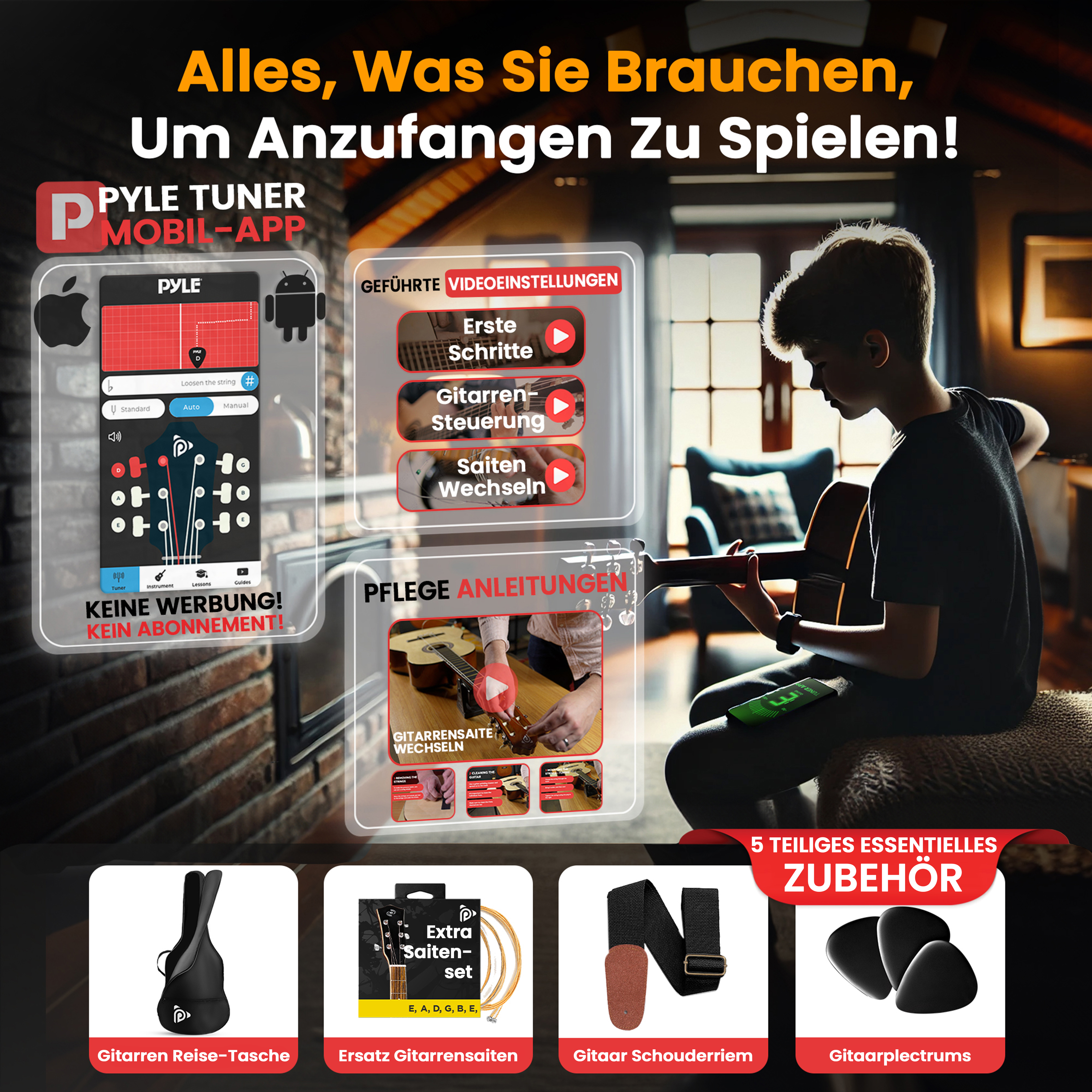 Ein Junge spielt Gitarre, daneben App-Screens, Zubehör und Anleitungen.