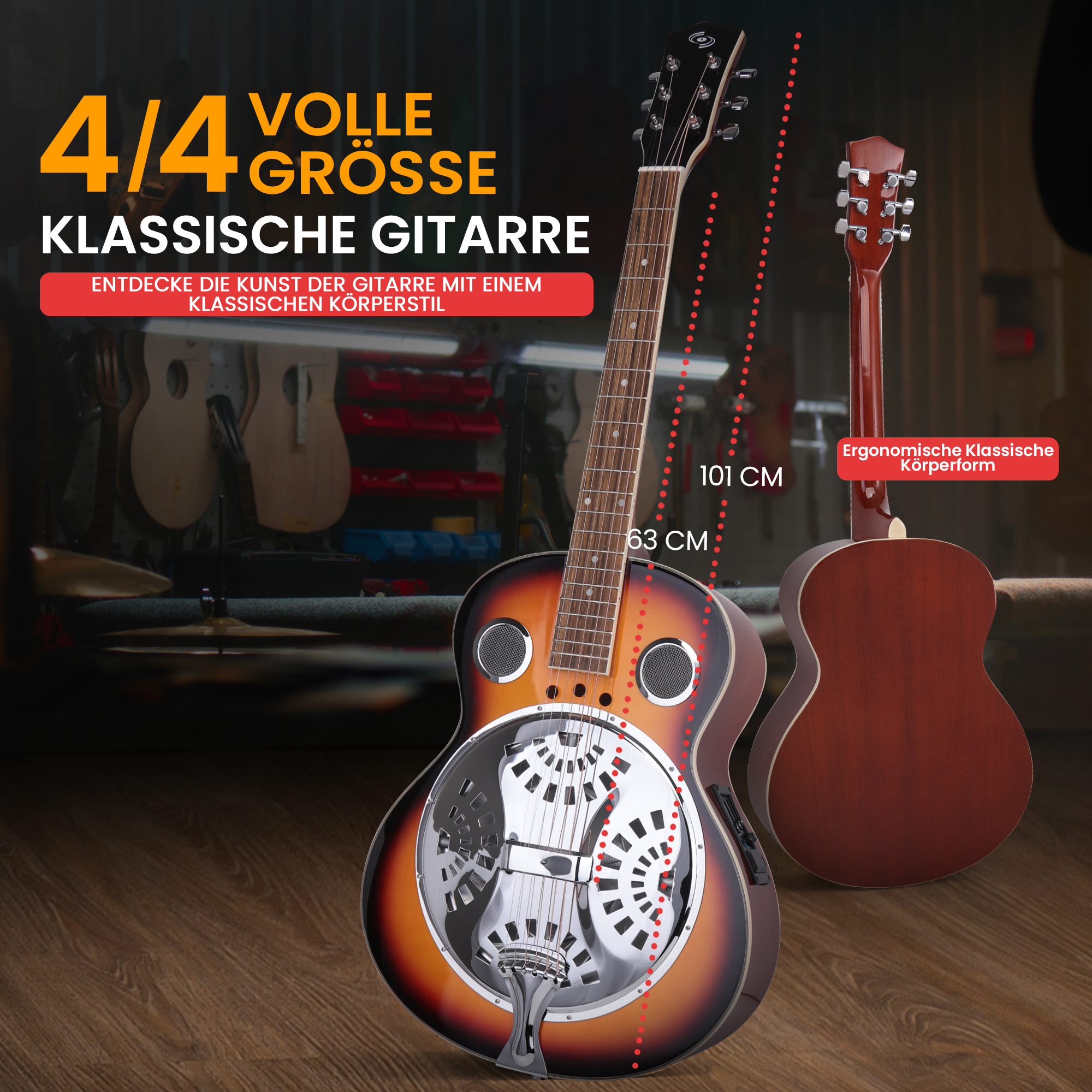 Eine 4/4 klassische Gitarre mit Metallresonator und Holzkorpus.